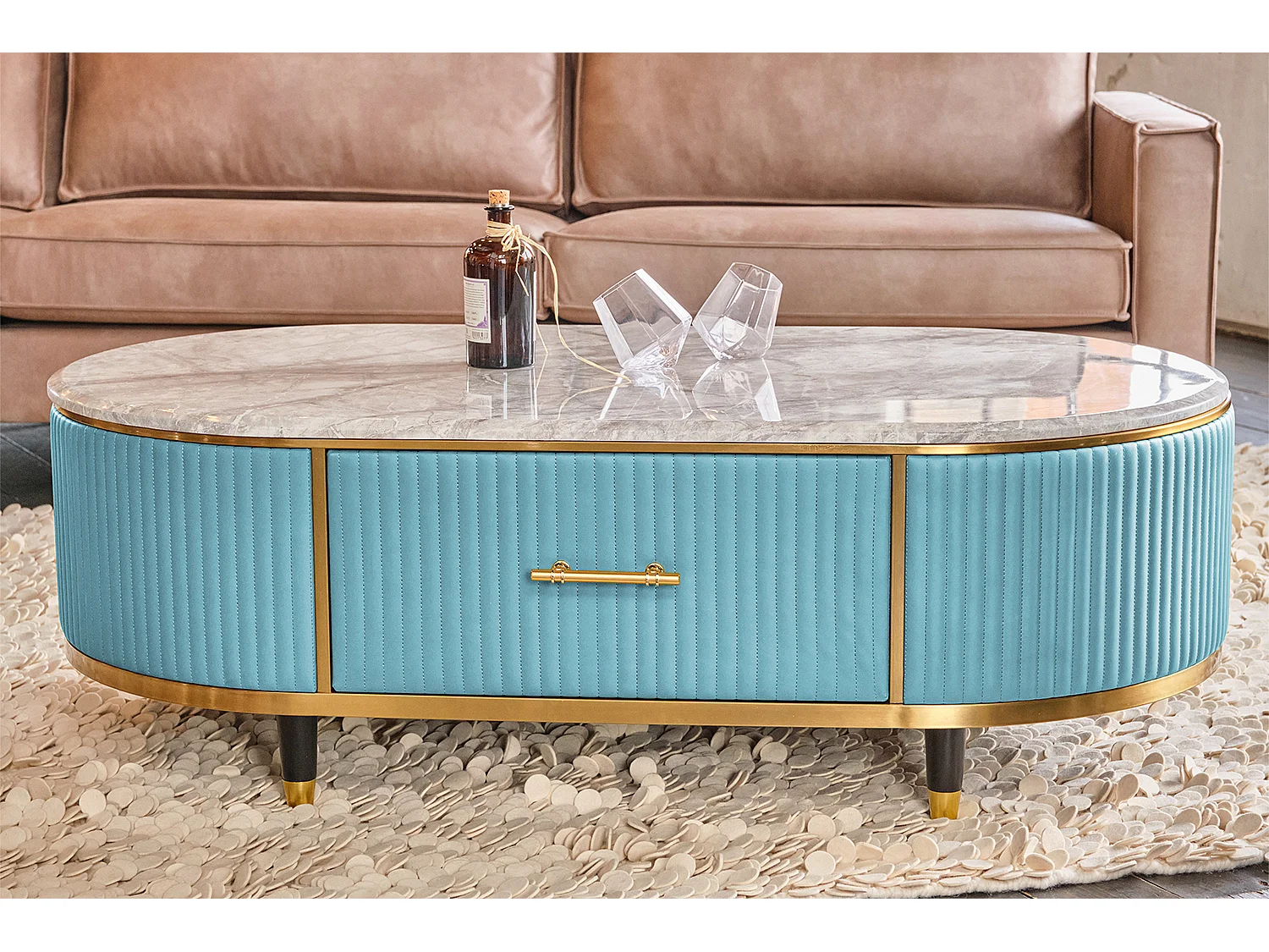 Mesita - azul claro cuero sintético - 70 x 130 cm - MARIA