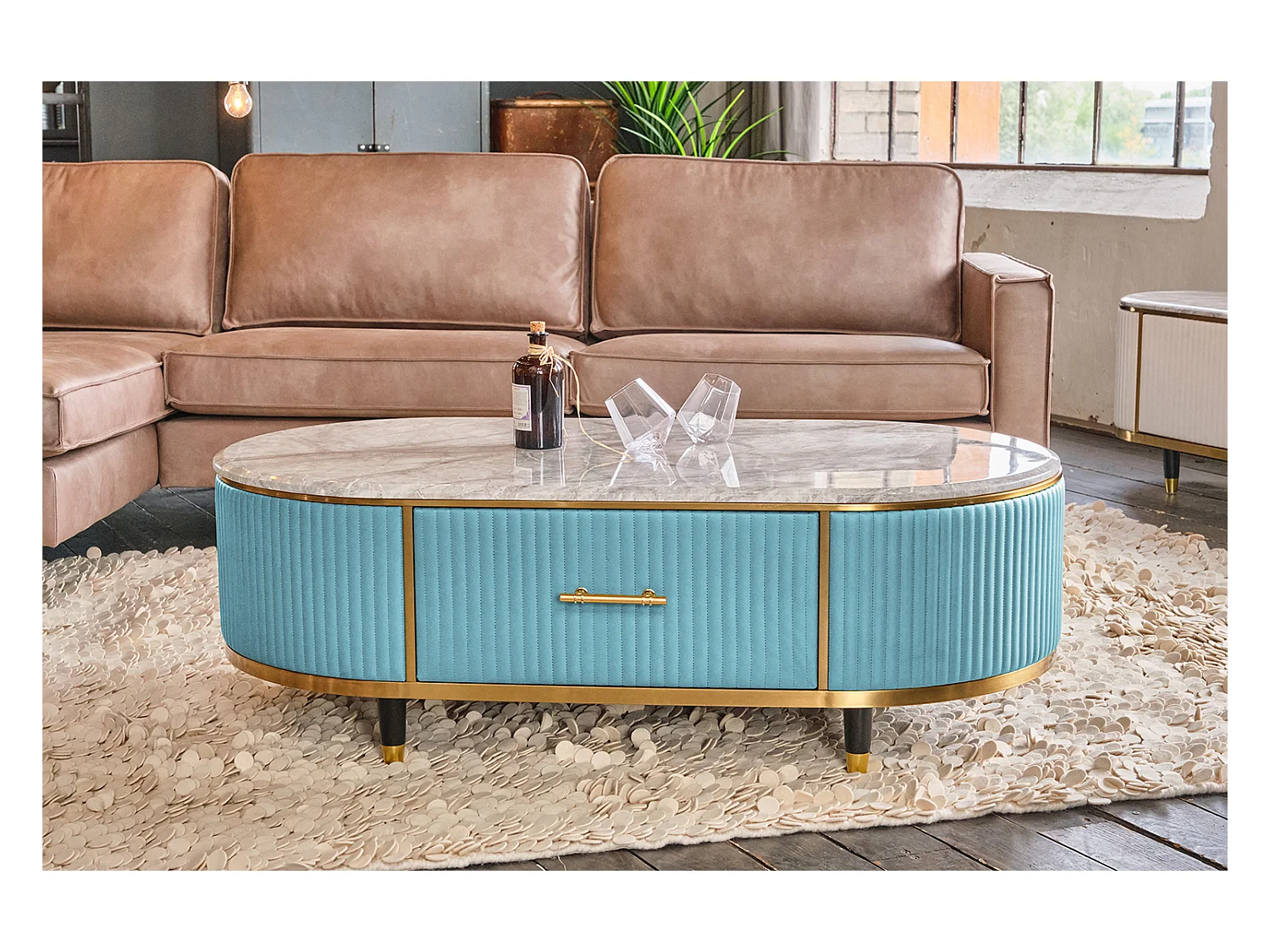 Table - bleu clair similicuir - 70 x 130 cm - MARIA
