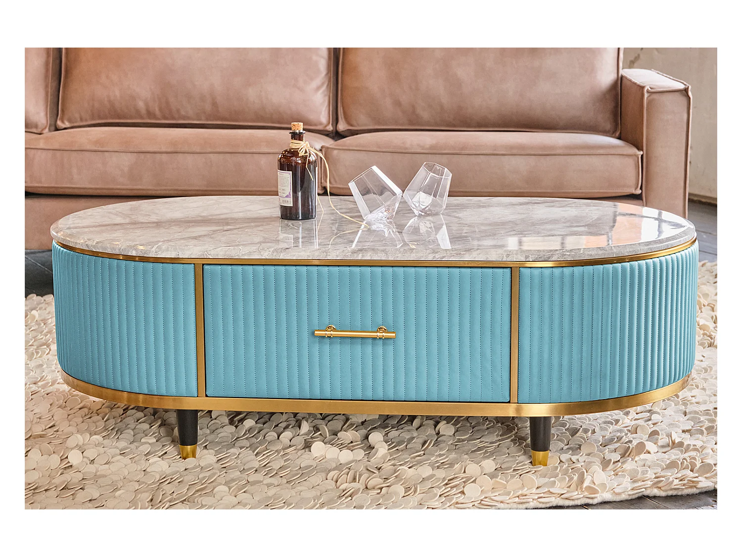 Table - bleu clair similicuir - 70 x 130 cm - MARIA