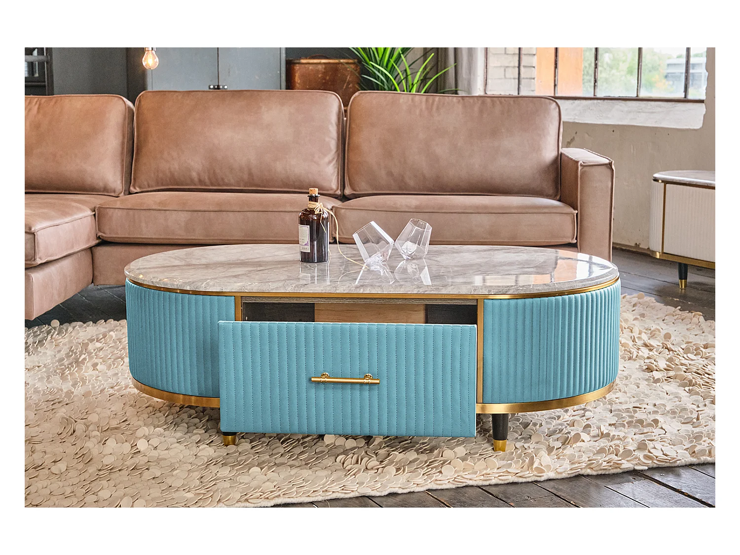 Table - bleu clair similicuir - 70 x 130 cm - MARIA