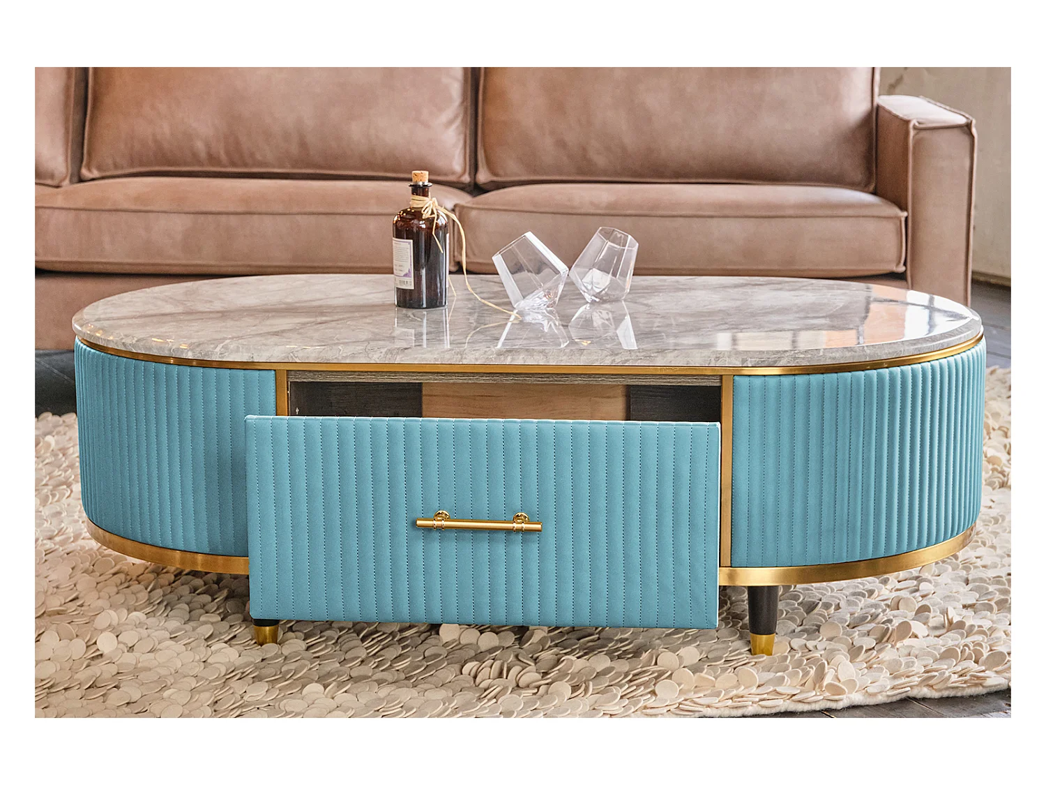 Table - bleu clair similicuir - 70 x 130 cm - MARIA