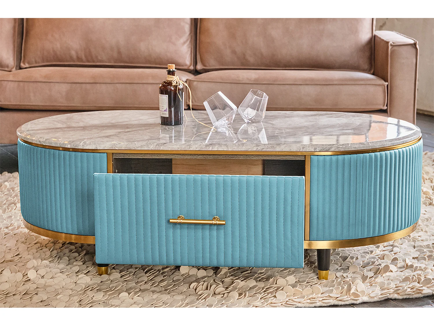 Mesita - azul claro cuero sintético - 70 x 130 cm - MARIA