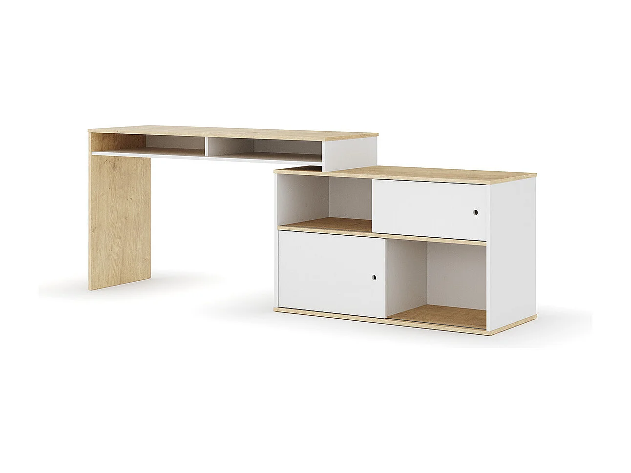 Bureau modulable avec rangement  panneaux de fibres blanc et bois MOON