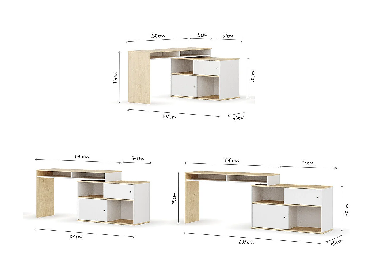 Bureau modulable avec rangement  panneaux de fibres blanc et bois MOON