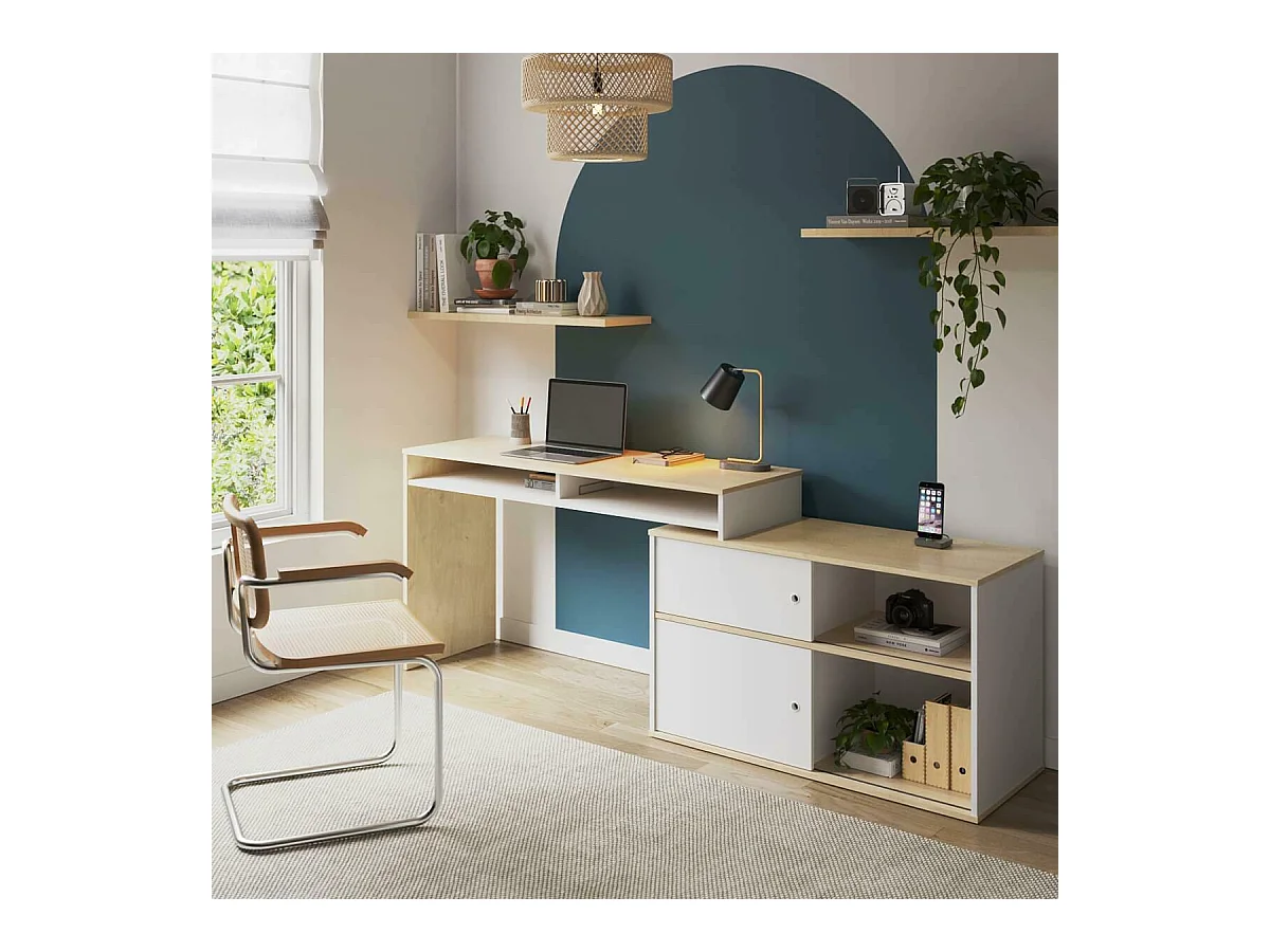 Bureau modulable avec rangement  panneaux de fibres blanc et bois MOON