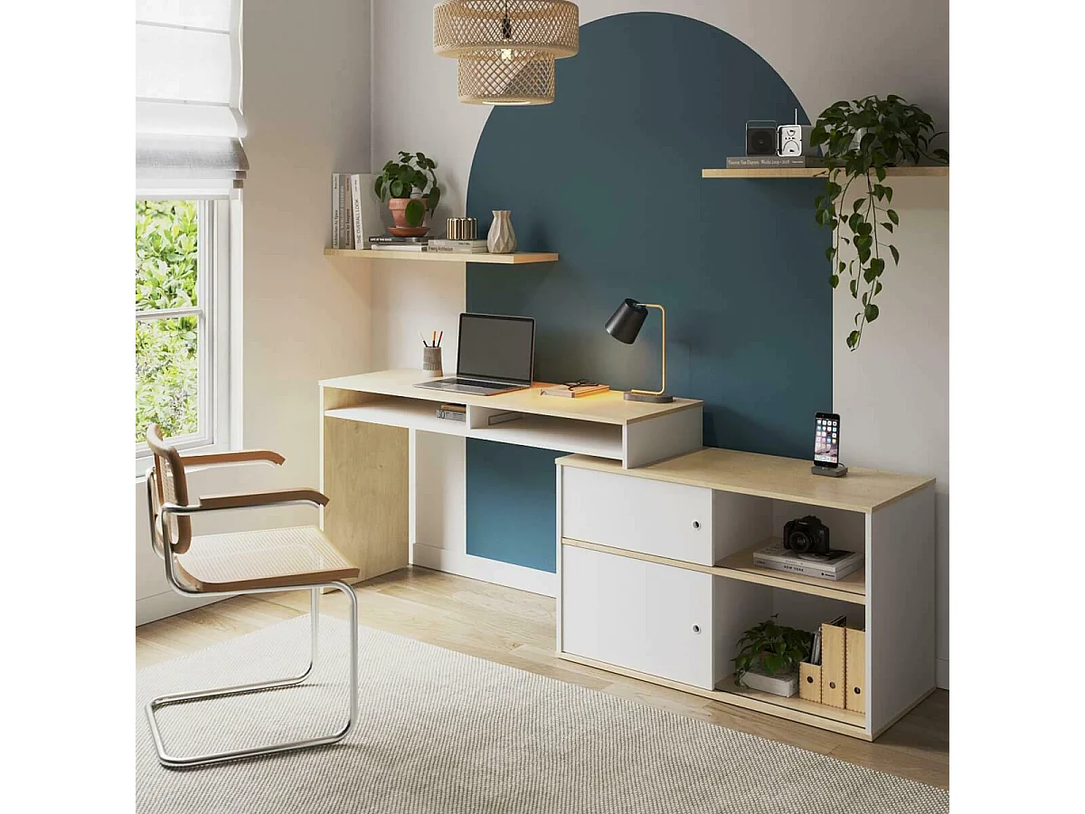 Bureau modulable avec rangement  panneaux de fibres blanc et bois MOON
