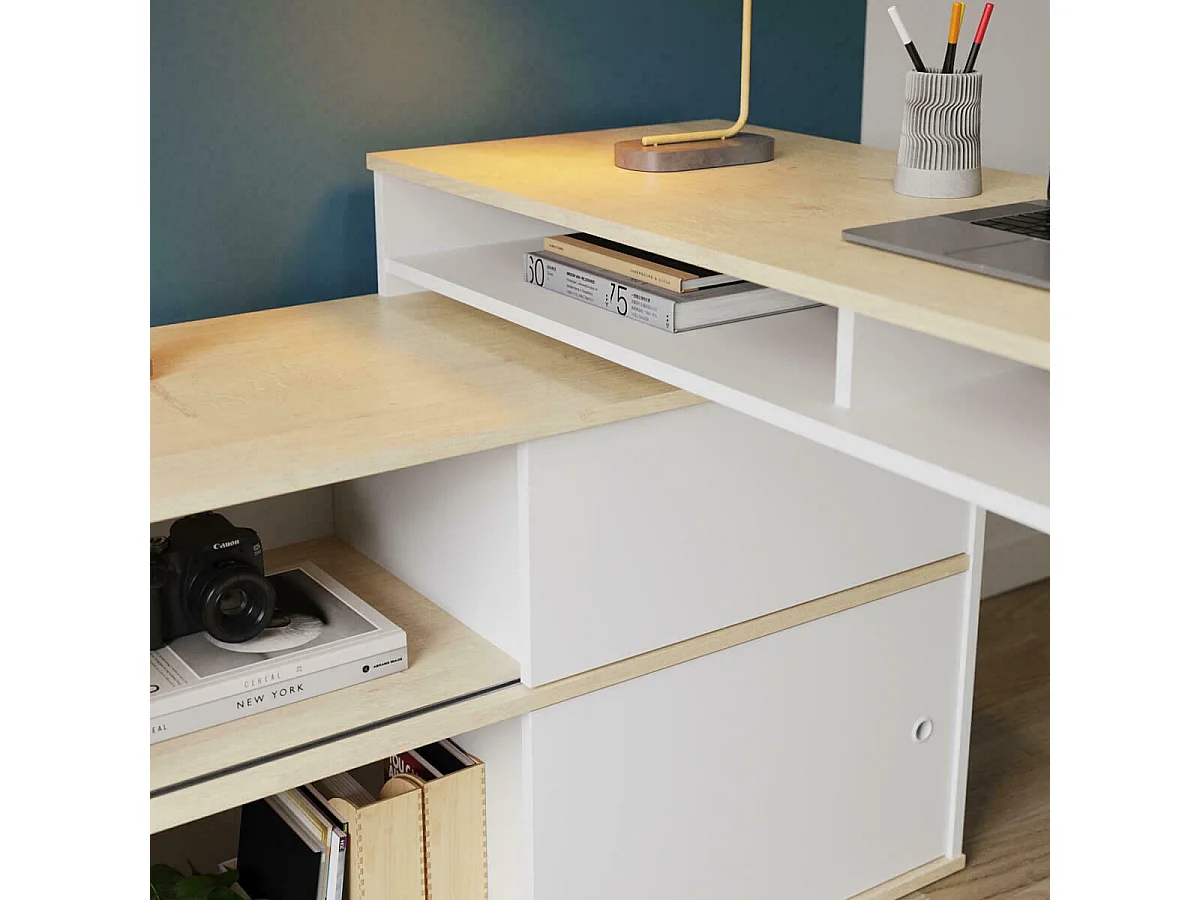 Bureau modulable avec rangement  panneaux de fibres blanc et bois MOON