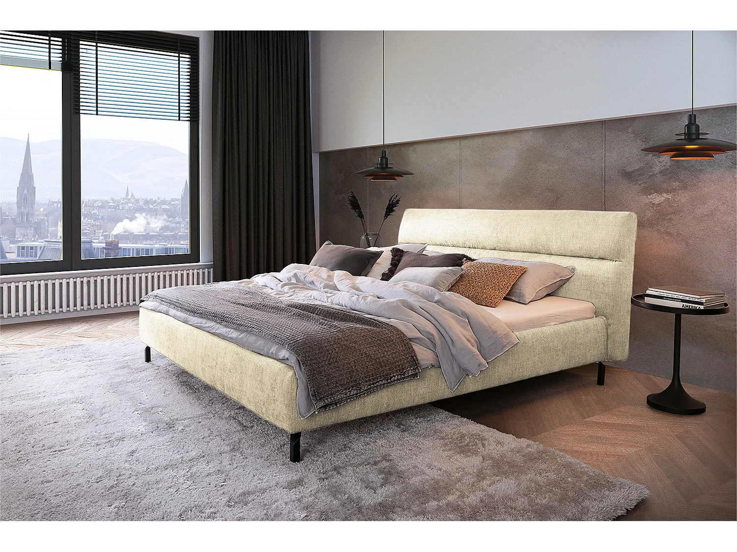 Polsterbett - Cremeweiß Webstoff - REMO