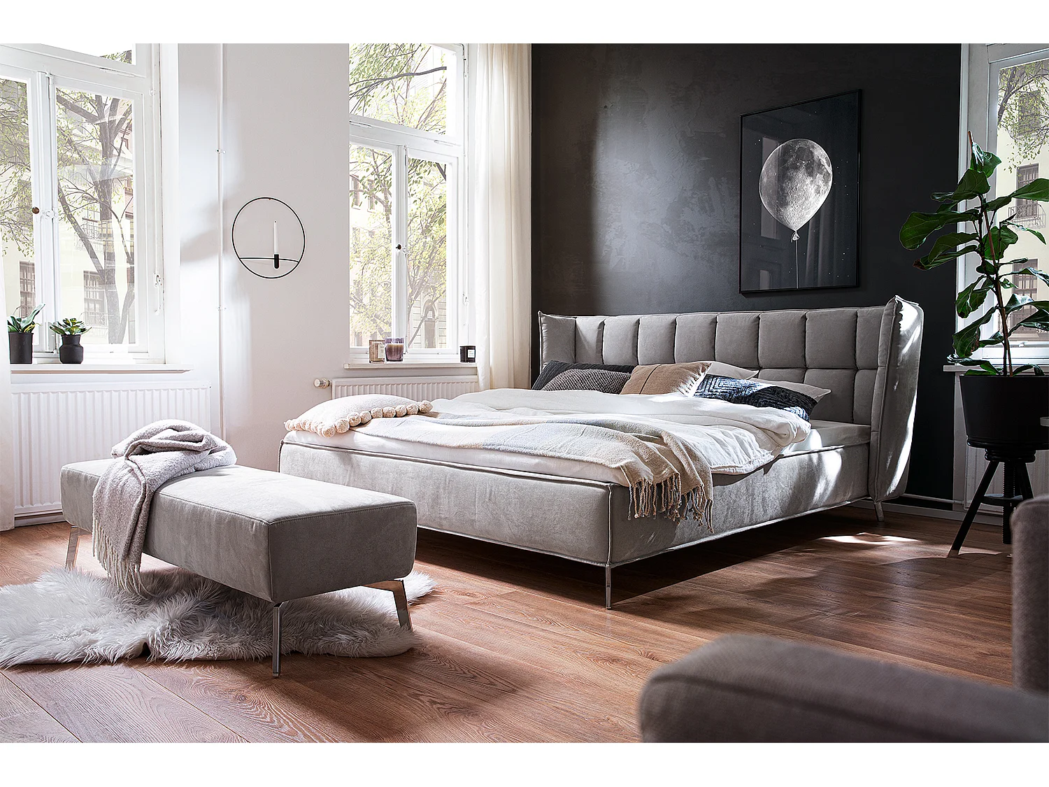 Lit - Gris tissu tissé - SOFIA