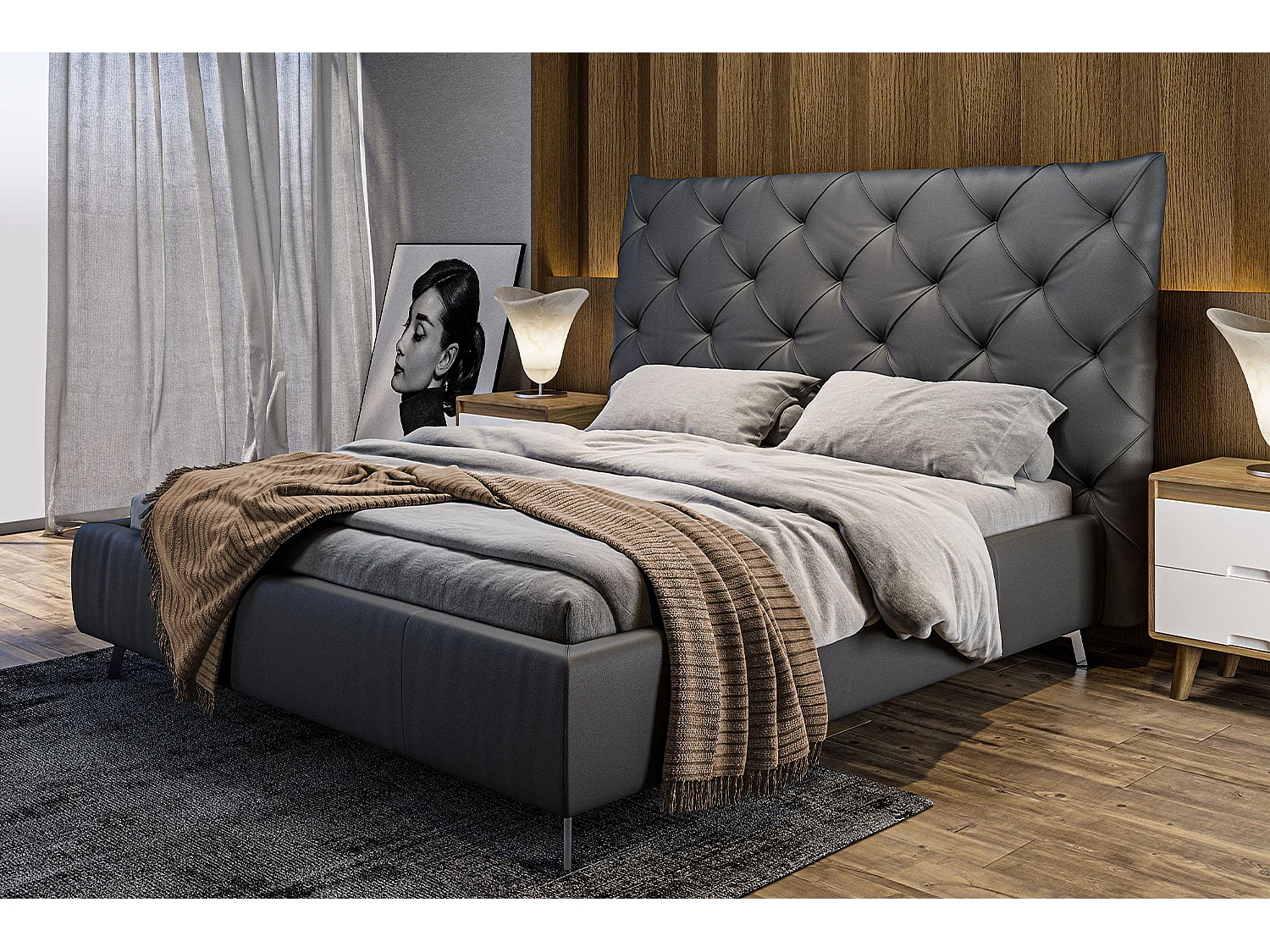 Cama tapizada - Negro piel - ANNY