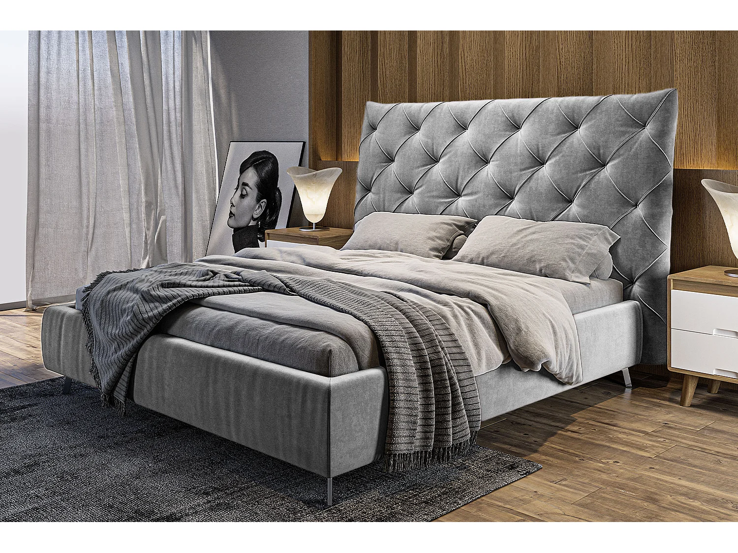Lit rembourré - argent Velours - ANNY