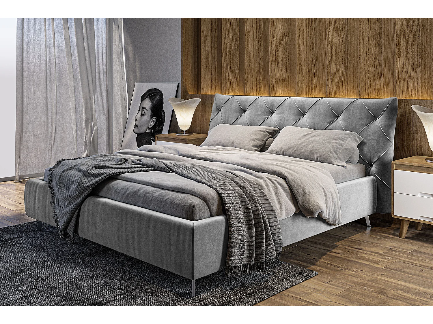 Lit rembourré - argent Velours - ANNY