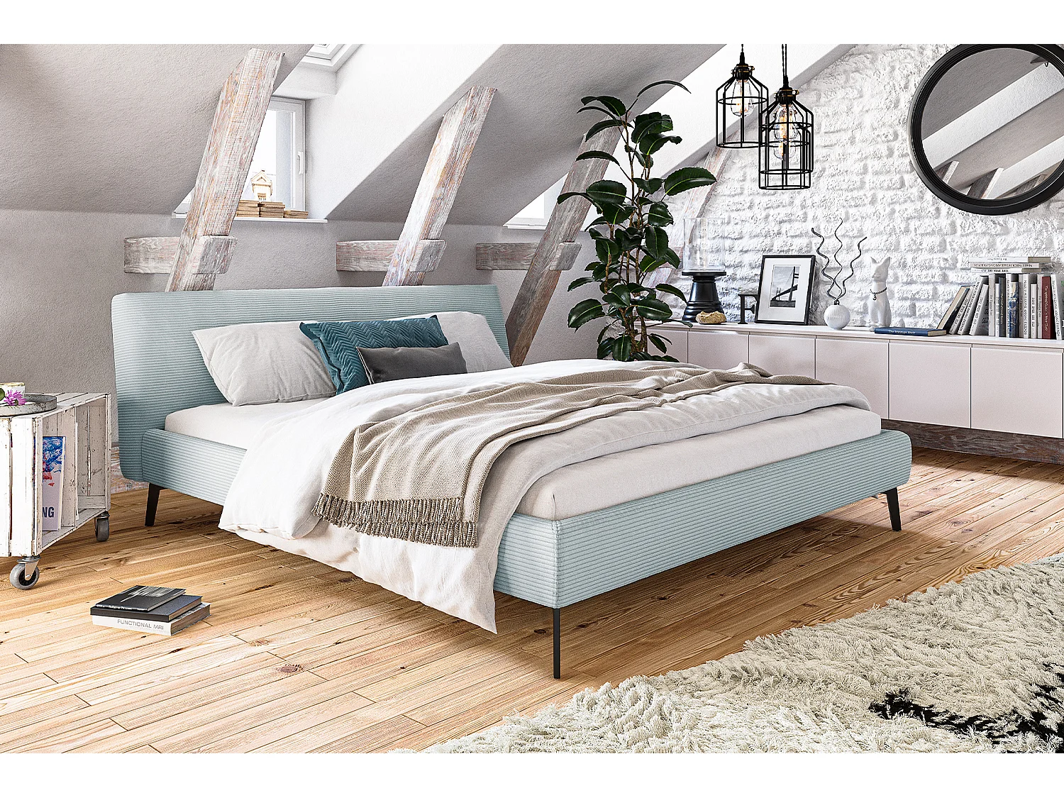 Lit - bleu clair velours côtelé - VALERIE