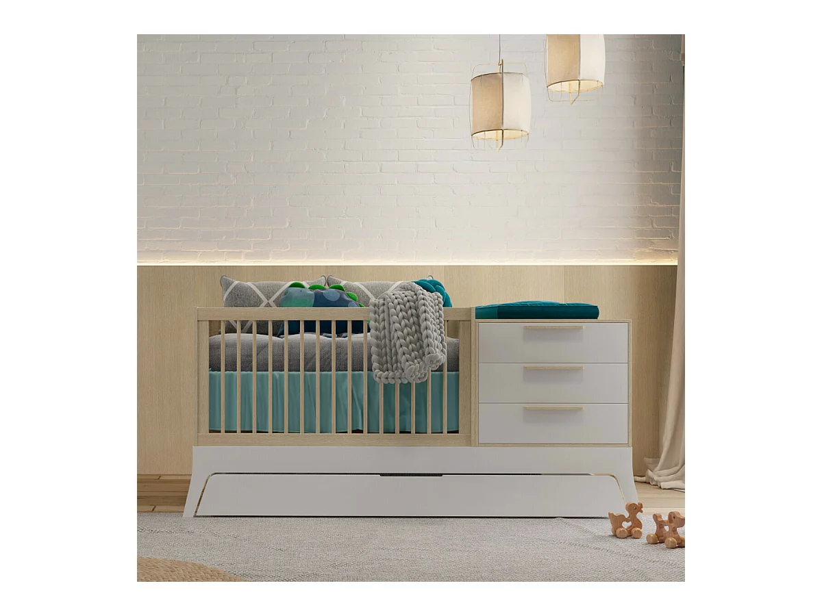Lit bébé combiné et évolutif 70x140 cm panneaux de fibres blanc et bois CHARLIE