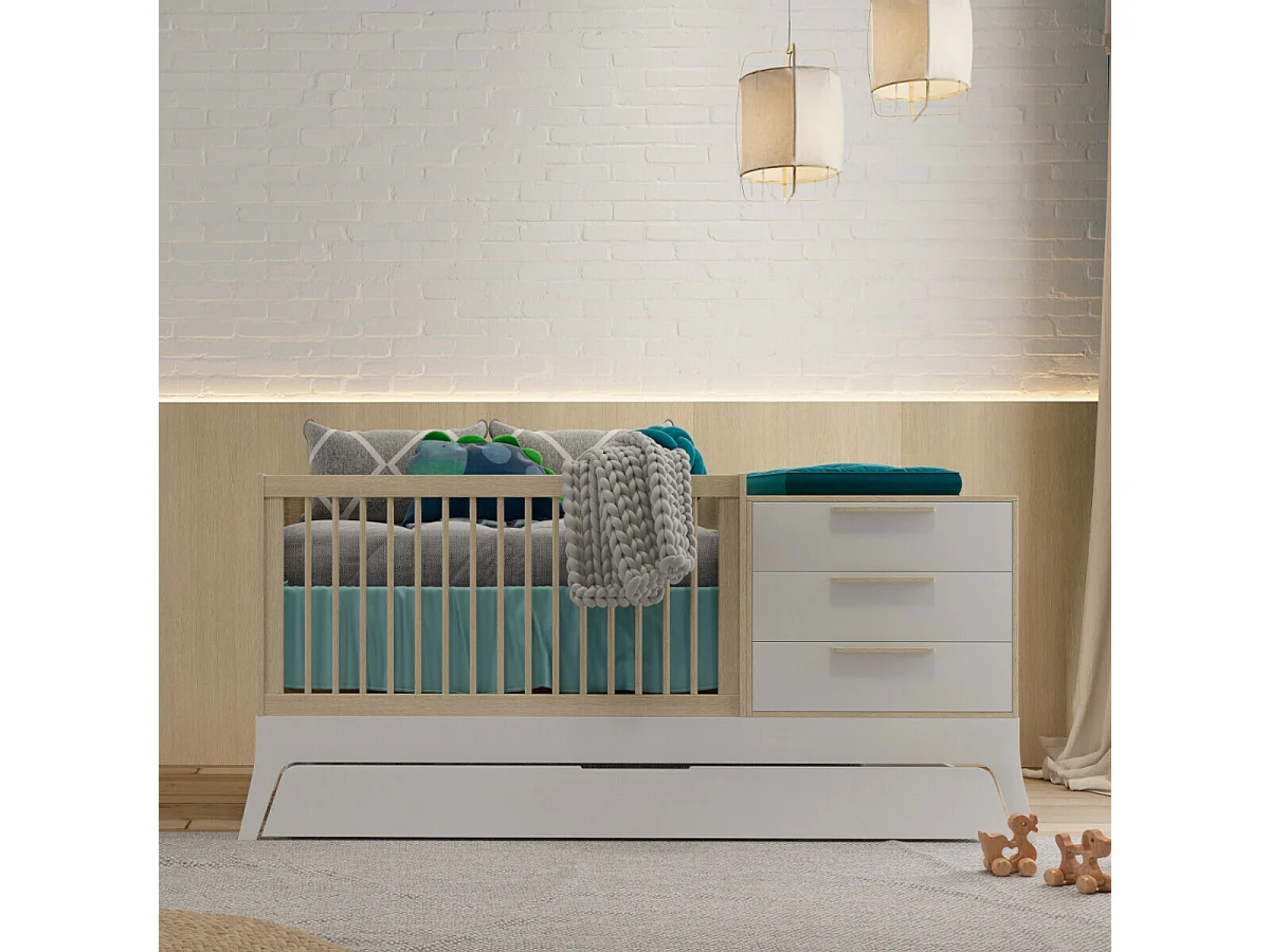 Lit bébé combiné et évolutif 70x140 cm panneaux de fibres blanc et bois CHARLIE
