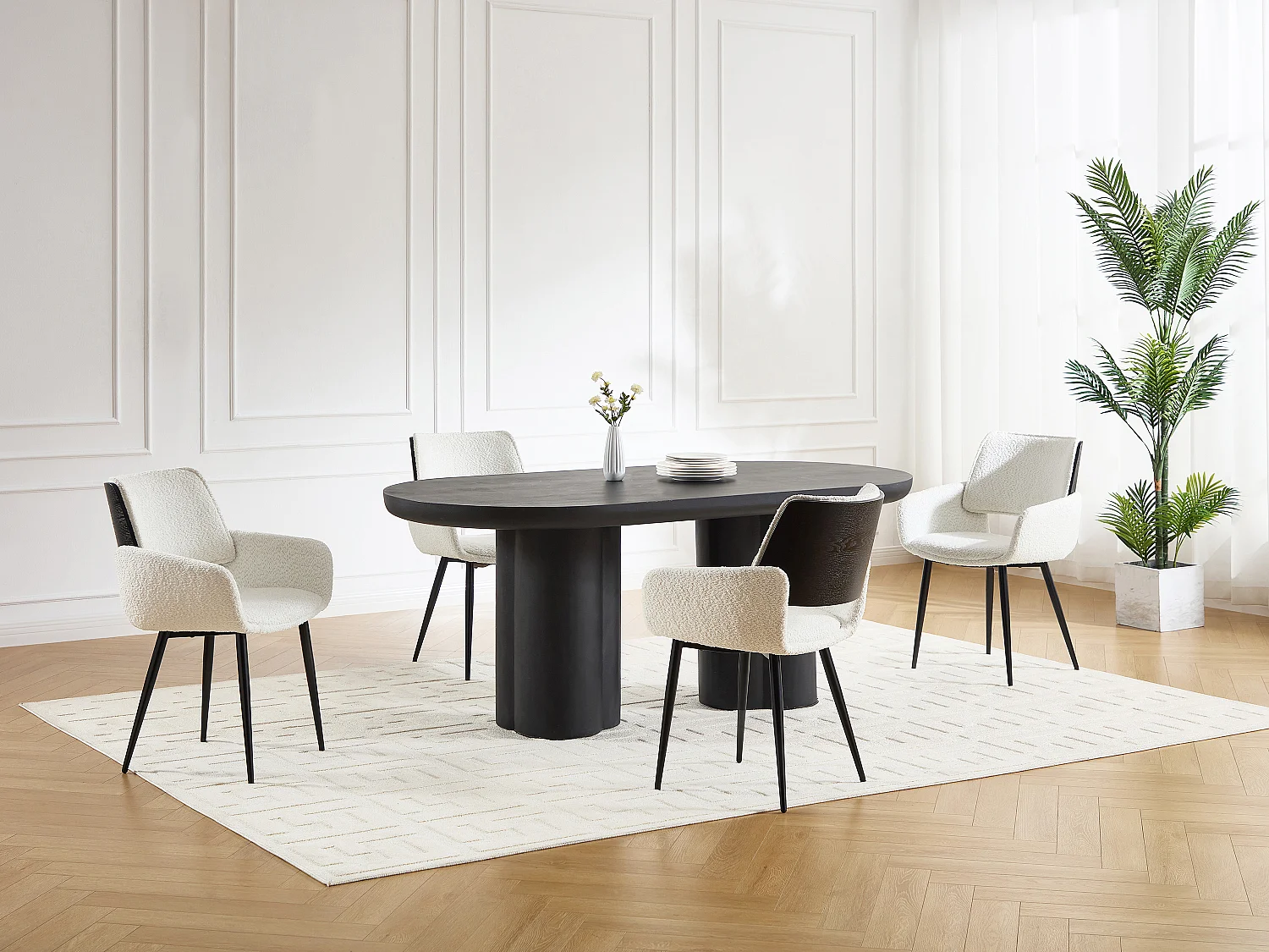 Lot de 2 chaises en tissu bouclette, placage frêne et métal noir - Blanc - ZURIKIA