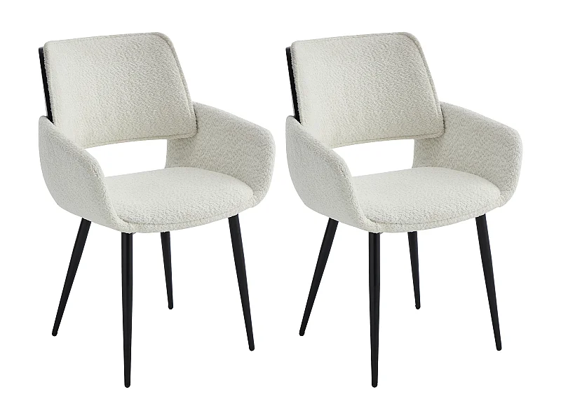 Lot de 2 chaises en tissu bouclette, placage frêne et métal noir - Blanc - ZURIKIA