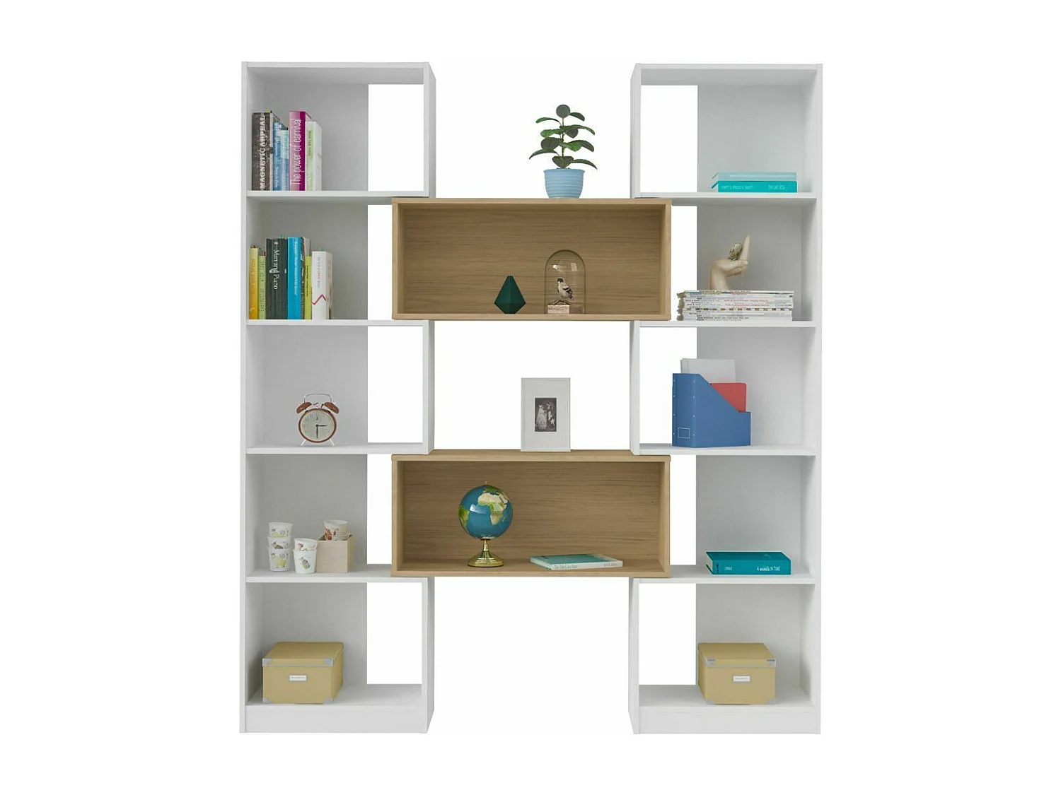 Etagère bibliothèque modulable  panneaux de fibres blanc et bois RUBEUS