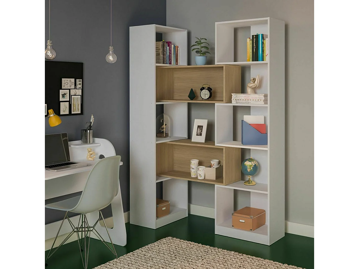 Etagère bibliothèque modulable  panneaux de fibres blanc et bois RUBEUS