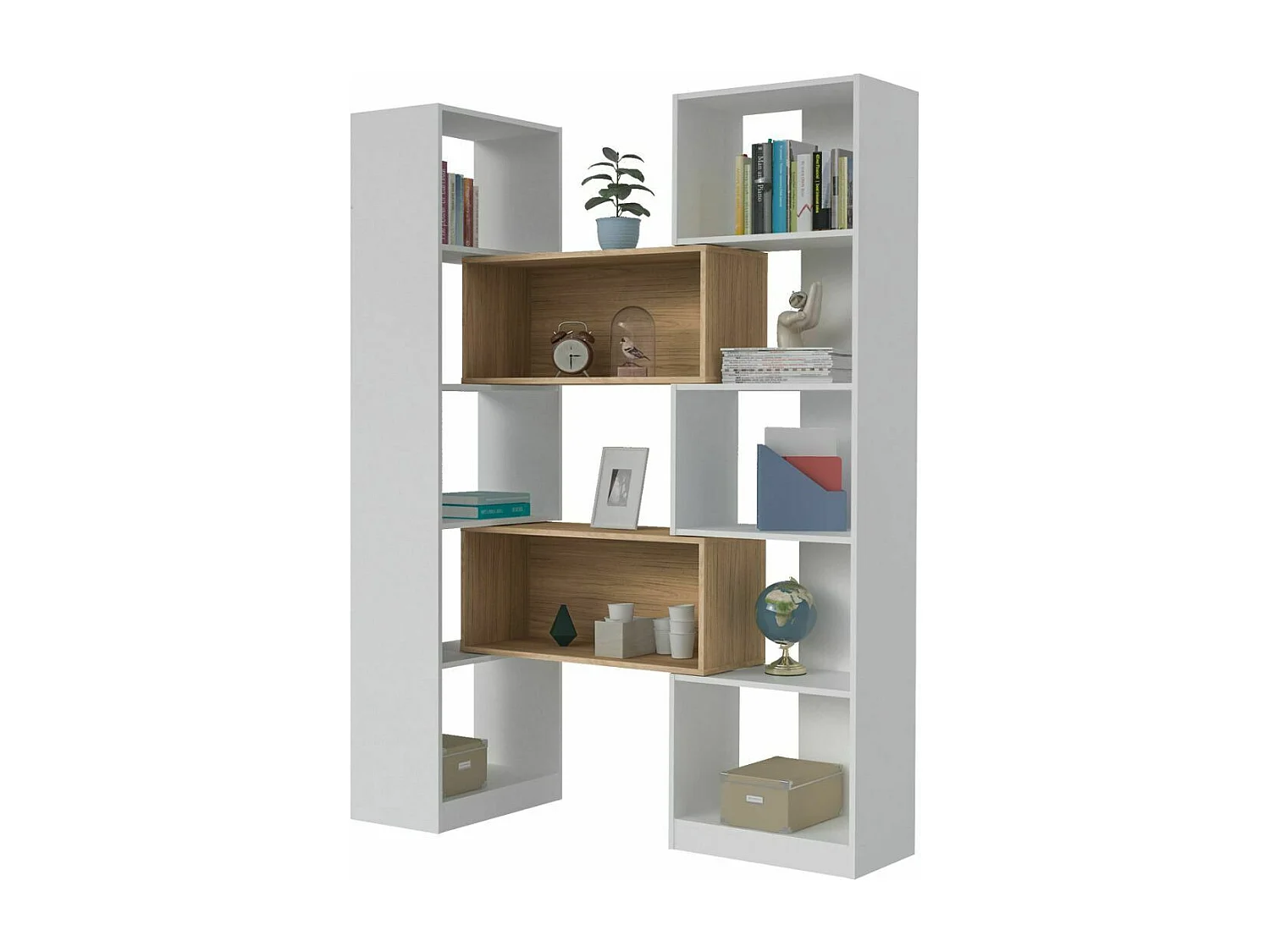 Etagère bibliothèque modulable  panneaux de fibres blanc et bois RUBEUS