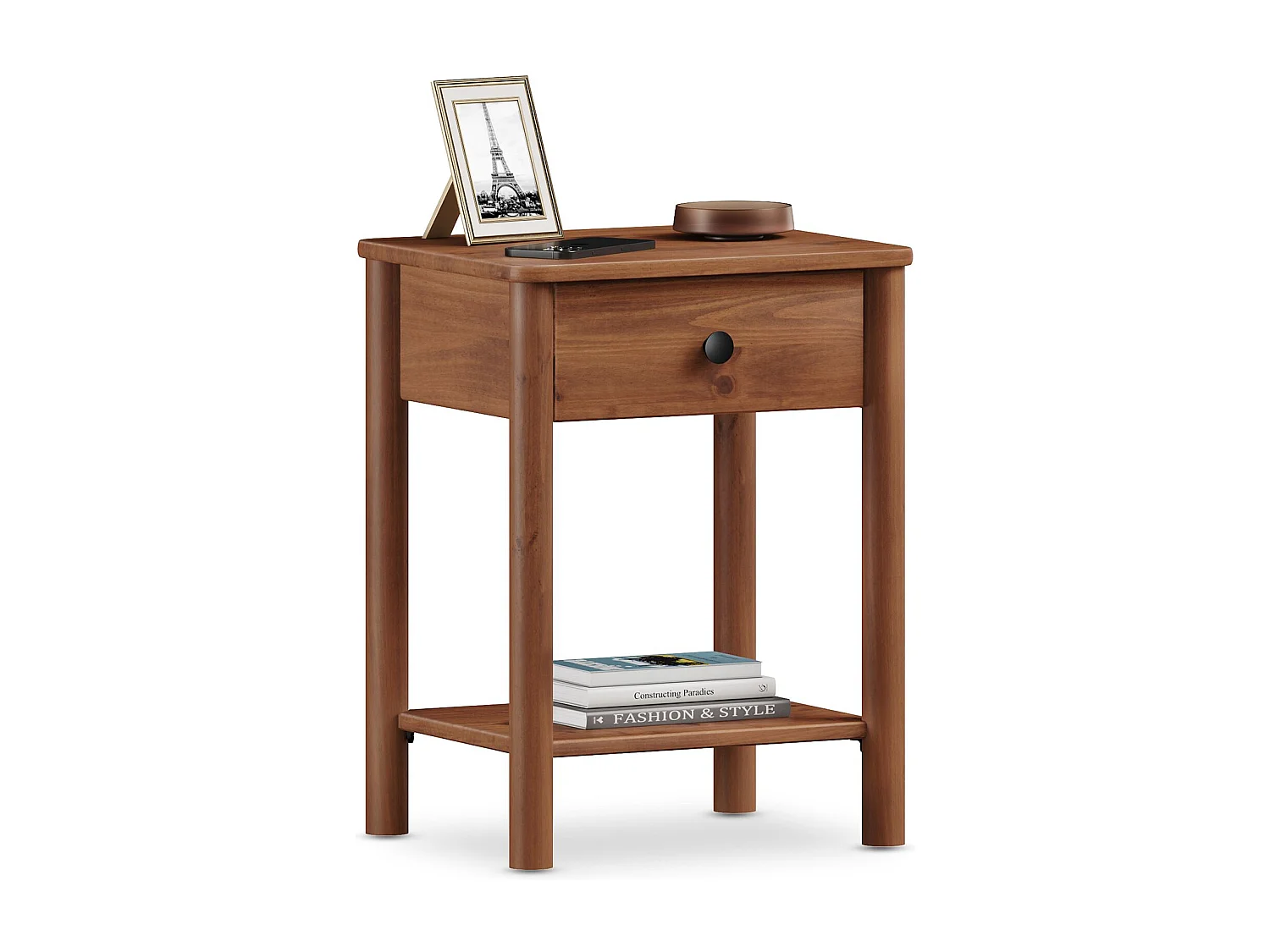 Table de chevet APOANA avec 1 tiroir et 1 tablette, dimensions montées 45 x 55 x 35 cm, pin massif brun foncé, style naturel