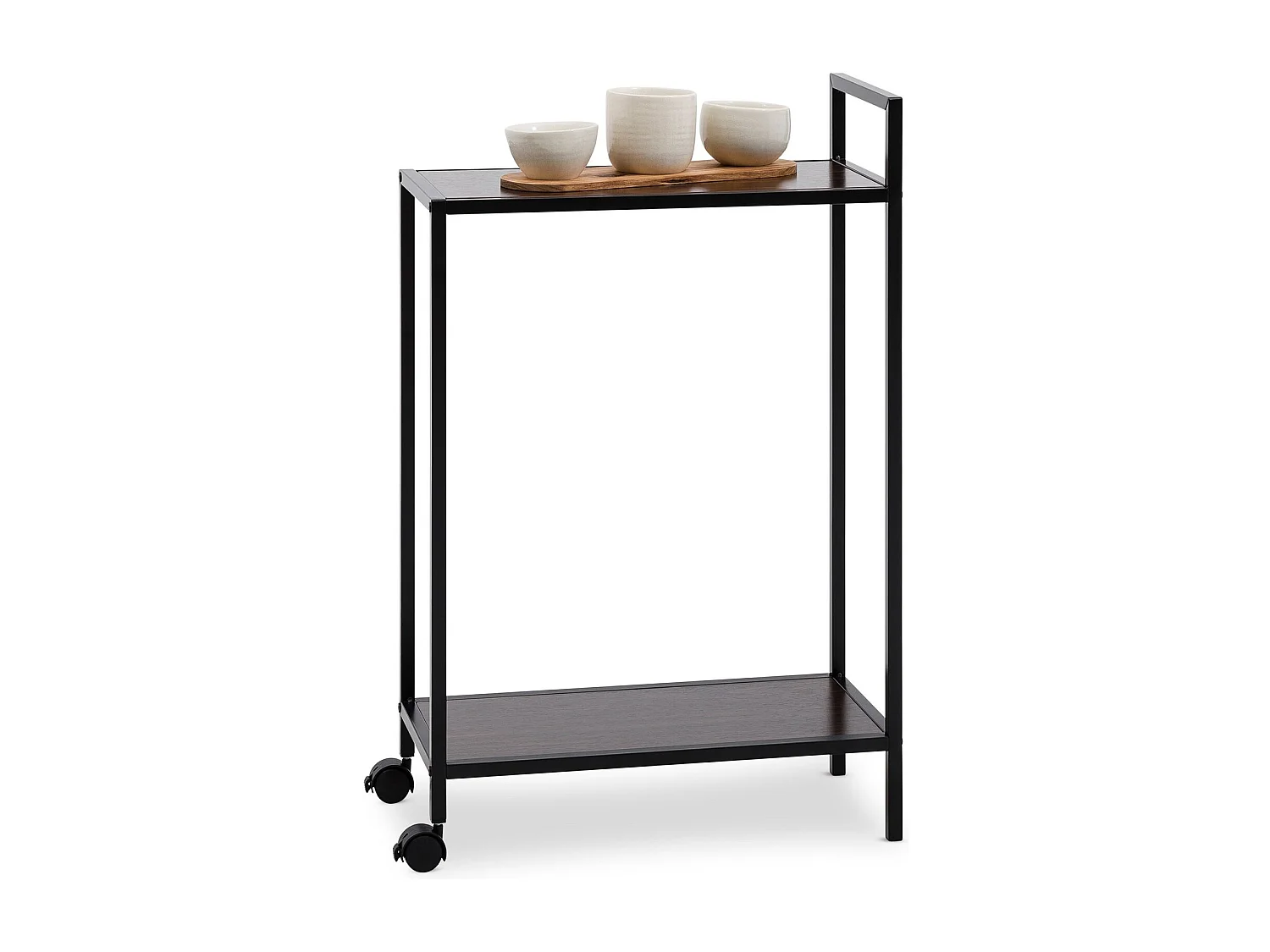 Desserte à roulettes RIVO, chariot de service pour cuisine, structure en métal et plateau en bois couleur noir et noyer