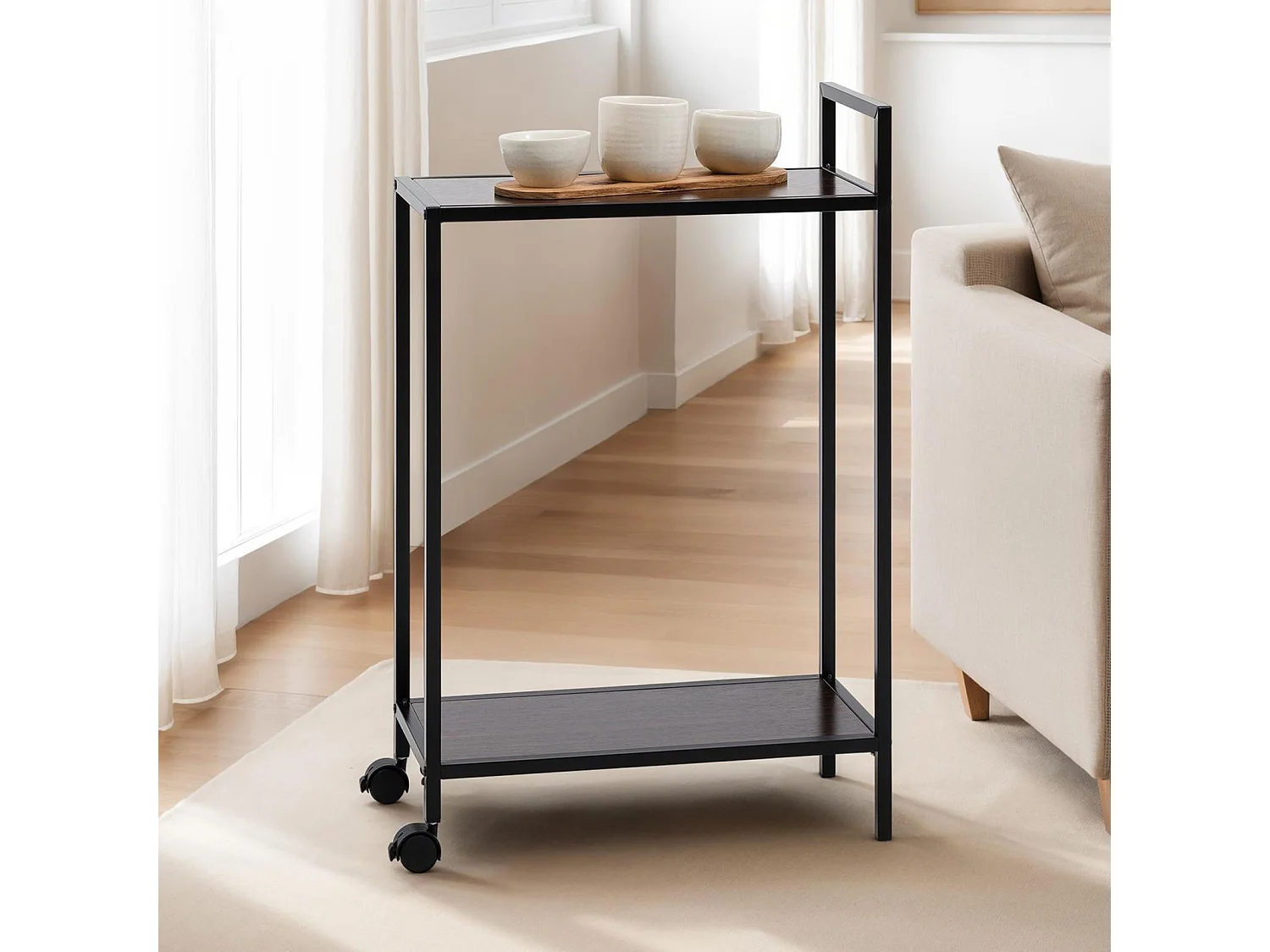 Desserte à roulettes RIVO, chariot de service pour cuisine, structure en métal et plateau en bois couleur noir et noyer