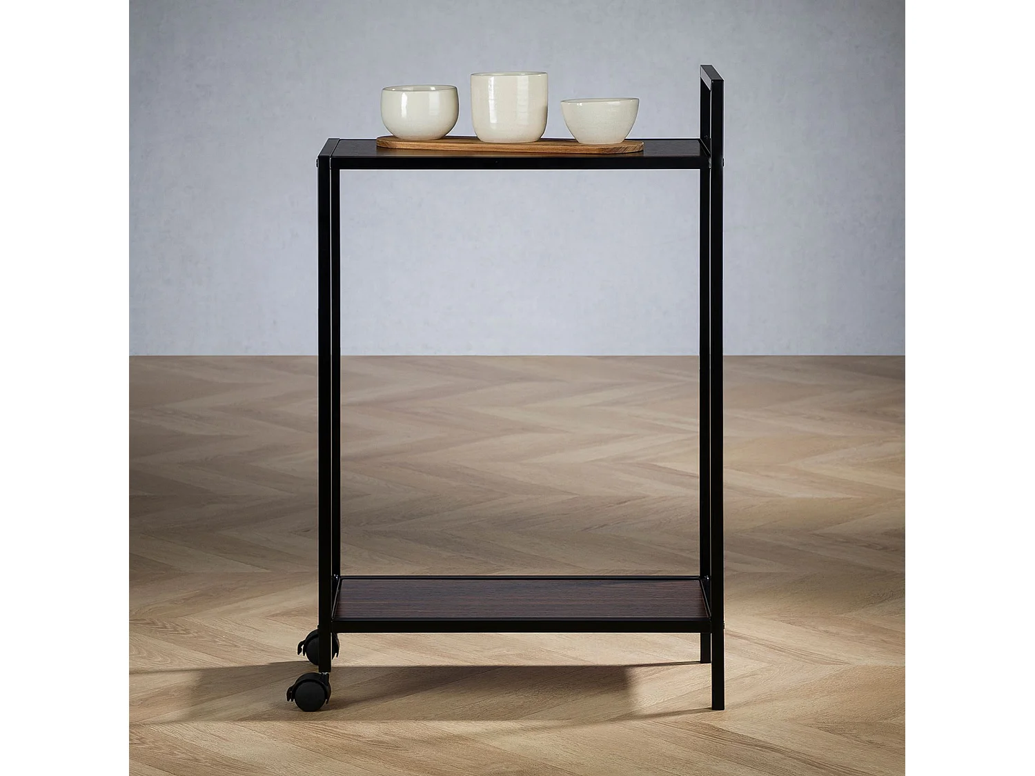 Desserte à roulettes RIVO, chariot de service pour cuisine, structure en métal et plateau en bois couleur noir et noyer