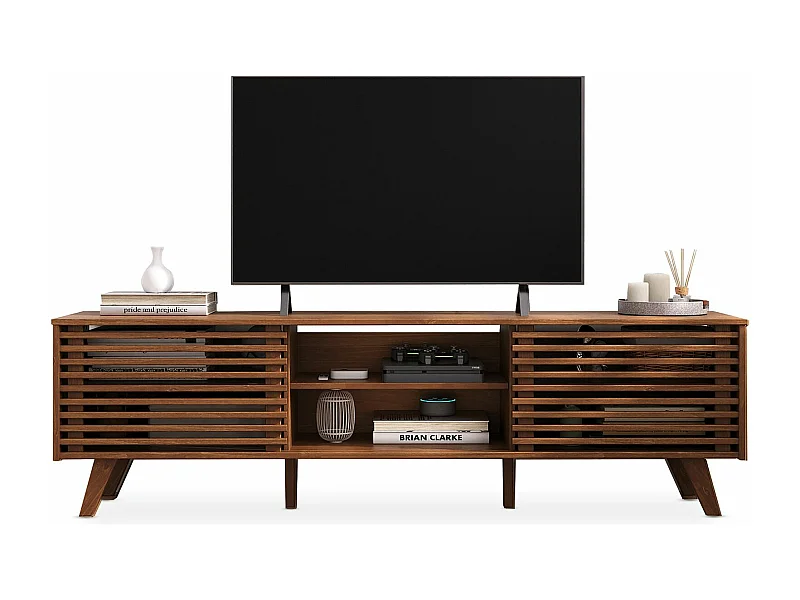 Meuble TV RIAN avec portes coulissantes et étagères ajustables 175 x 50 x 38 cm pin massif brun foncé, Meuble de salon moderne