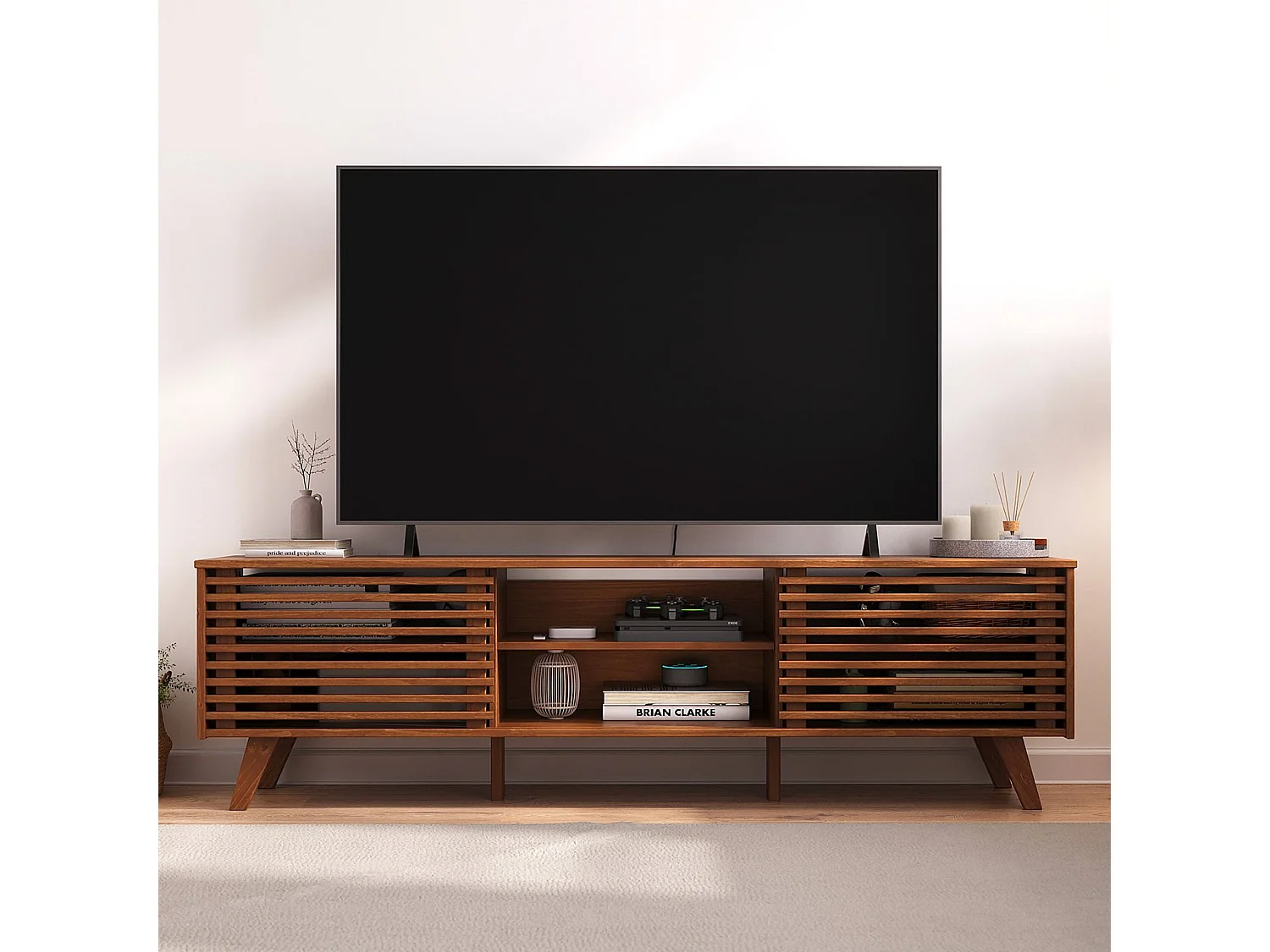 Meuble TV RIAN avec portes coulissantes et étagères ajustables 175 x 50 x 38 cm pin massif brun foncé, Meuble de salon moderne