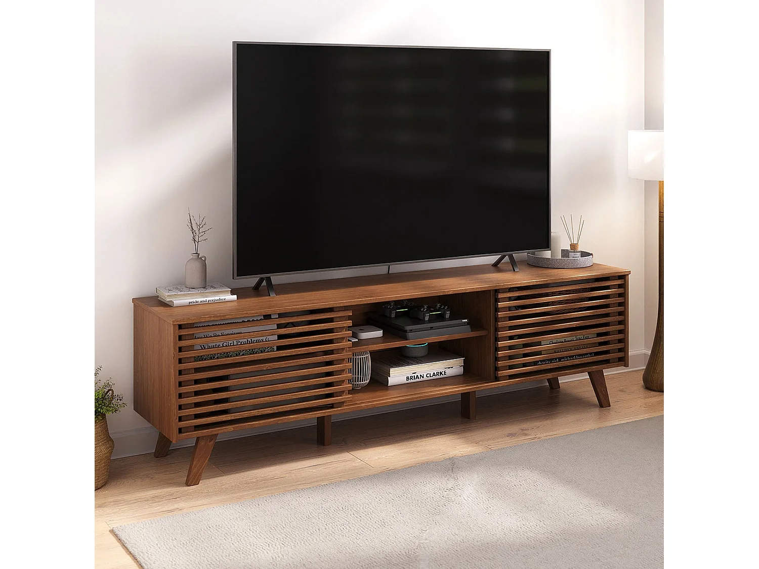 Meuble TV RIAN avec portes coulissantes et étagères ajustables 175 x 50 x 38 cm pin massif brun foncé, Meuble de salon moderne