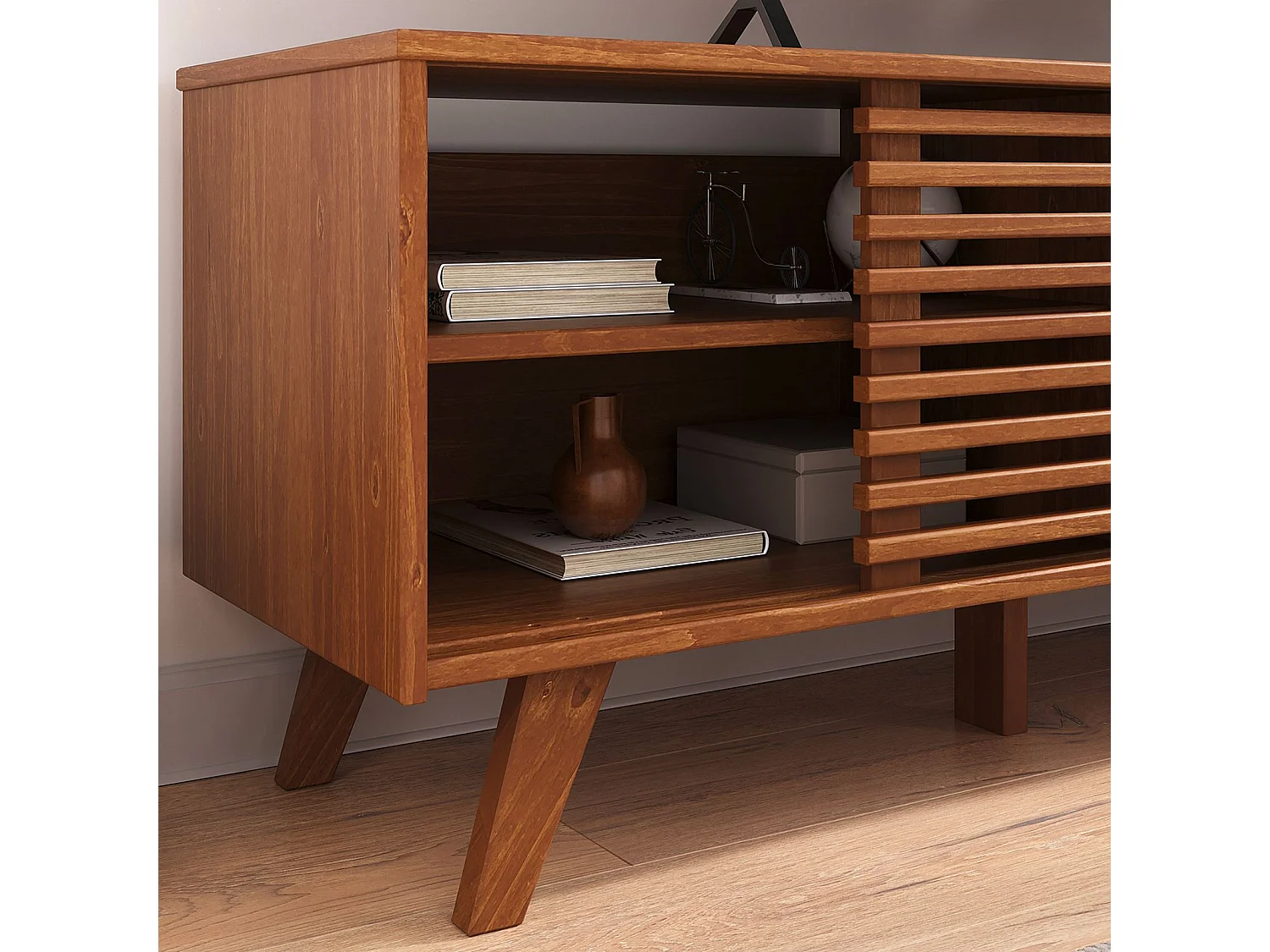 Meuble TV RIAN avec portes coulissantes et étagères ajustables 175 x 50 x 38 cm pin massif brun foncé, Meuble de salon moderne