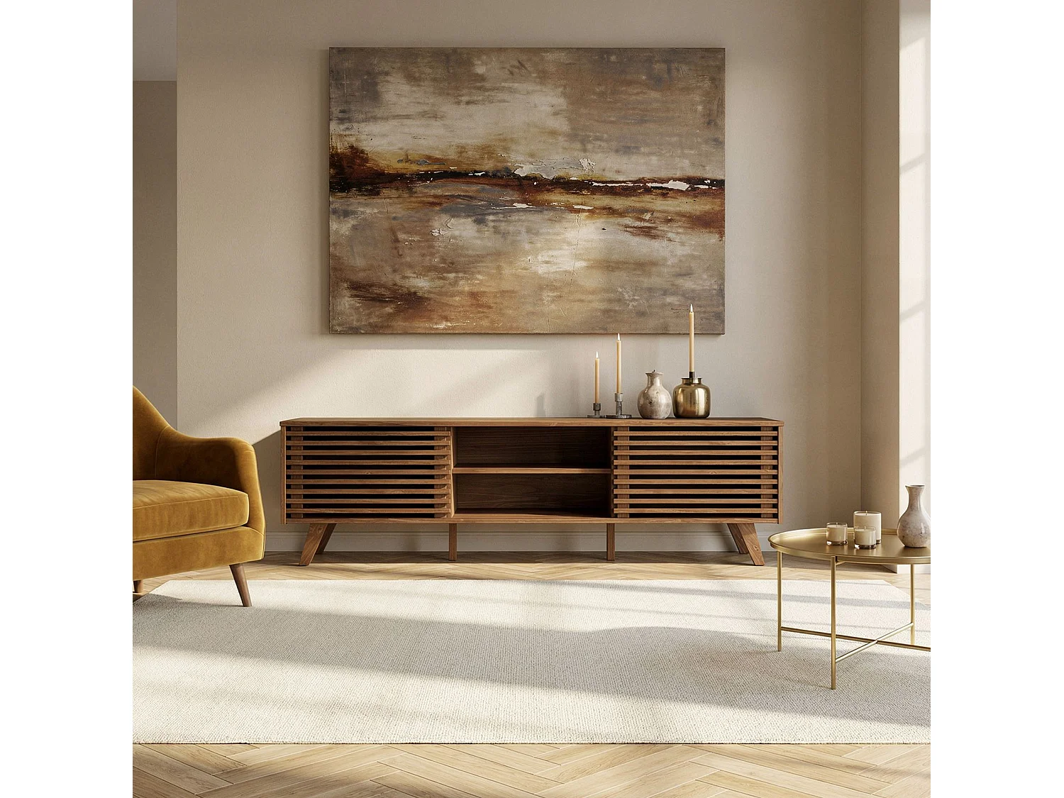 Meuble TV RIAN avec portes coulissantes et étagères ajustables 175 x 50 x 38 cm bois massif brun foncé, Meuble de salon moderne