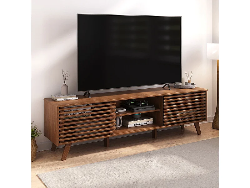 Meuble TV RIAN avec portes coulissantes et étagères ajustables 175 x 50 x 38 cm bois massif brun foncé, Meuble de salon moderne