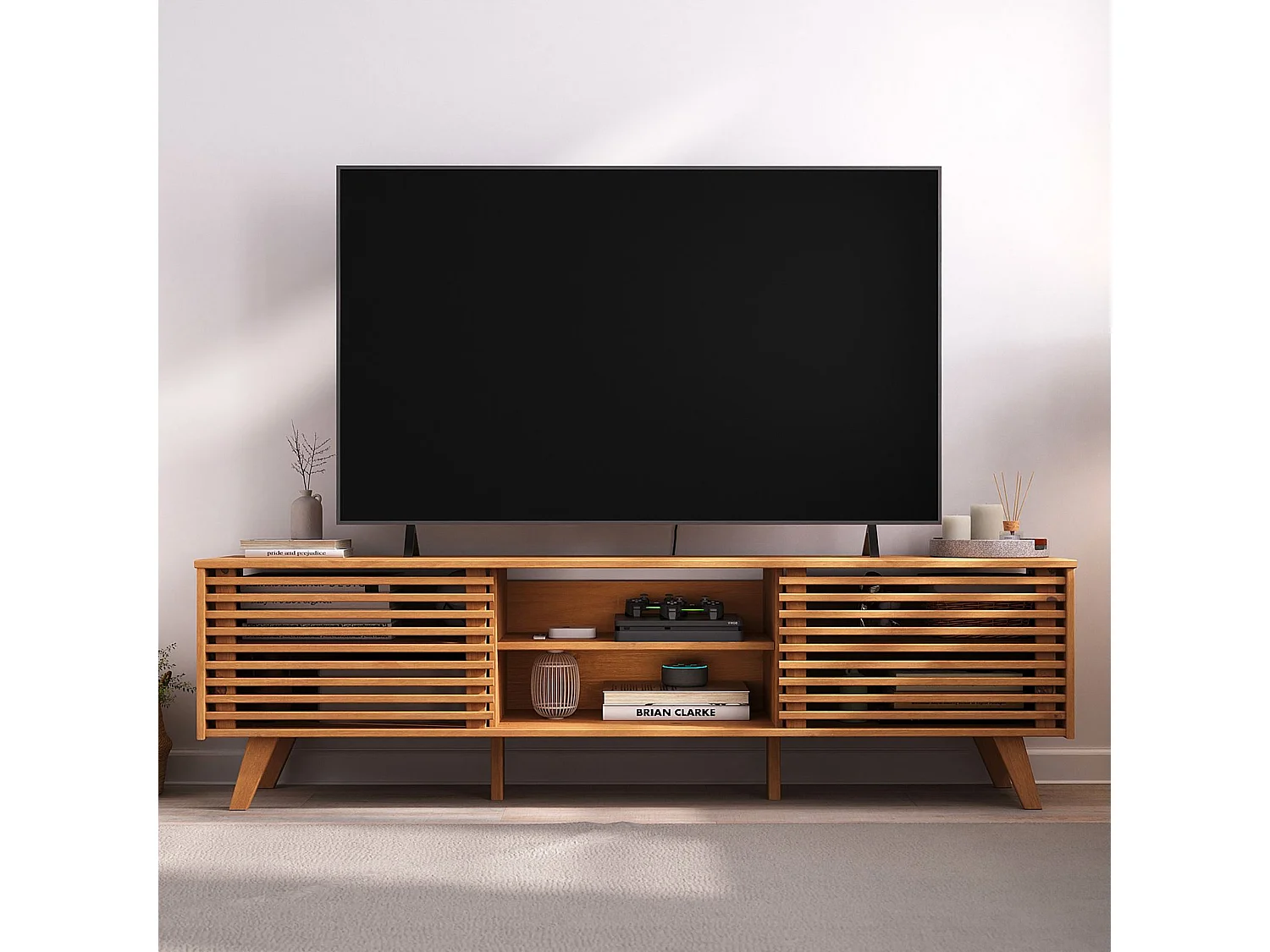 Meuble TV RIAN avec portes coulissantes et étagères ajustables 175 x 50 x 38 cm pin massif coloris chêne, Meuble de salon moderne