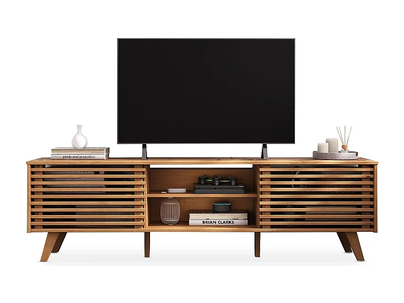 Meuble TV RIAN avec portes coulissantes et étagères ajustables 175 x 50 x 38 cm pin massif coloris chêne, Meuble de salon moderne