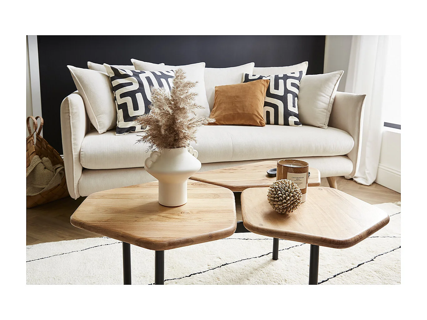 Mesa de centro con 3 tableros de acacia y metal SUZANE