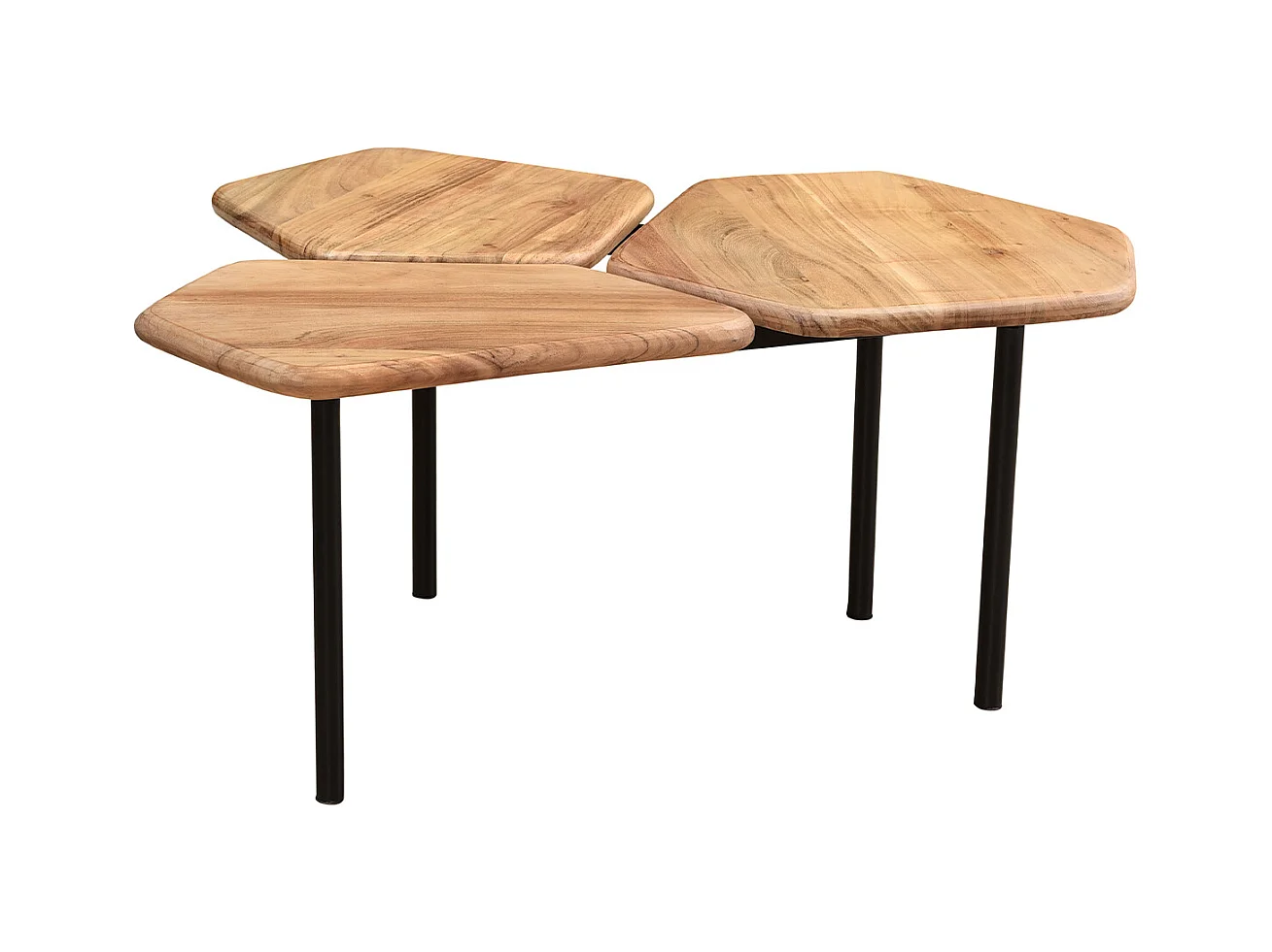 Table basse 3 plateaux bois massif et métal noir L95 cm SUZANE