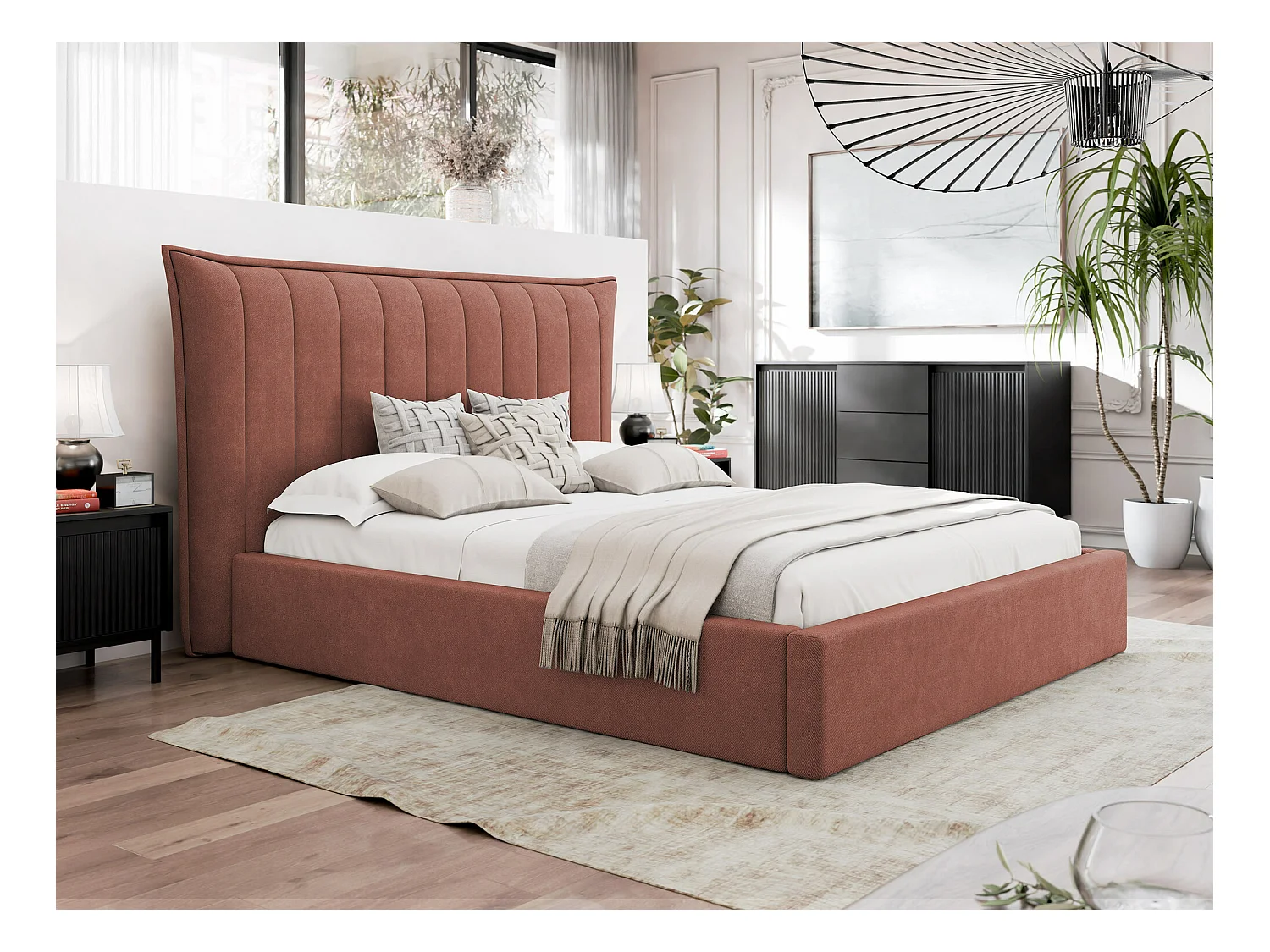 Lit Comfivo 382, Double, Rose, 180x200, Tapisserie, Sommier à lattes, 230x224x122cm