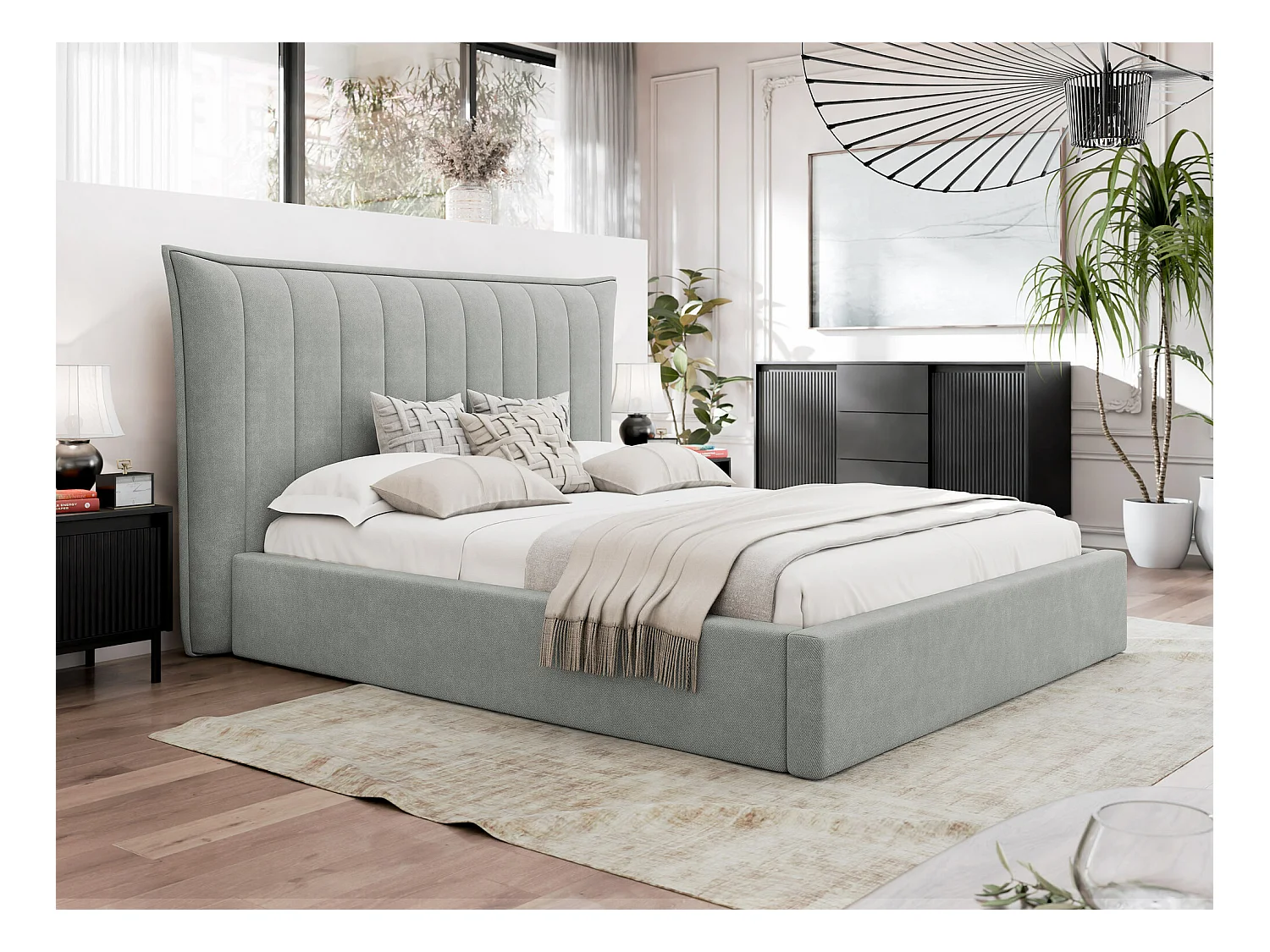 Lit Comfivo 382, Double, Gris, 140x200, Tapisserie, Sommier à lattes, 190x224x122cm