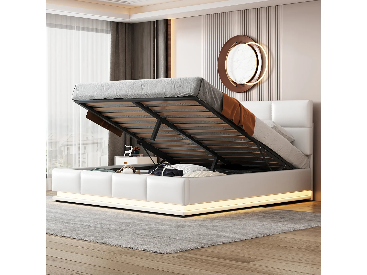 Lit coffre 160x200 cm - Lit doub LED capitonné relevable hydraulique avec sommier à lattes, tête de lit, simili cuir PU - Beige