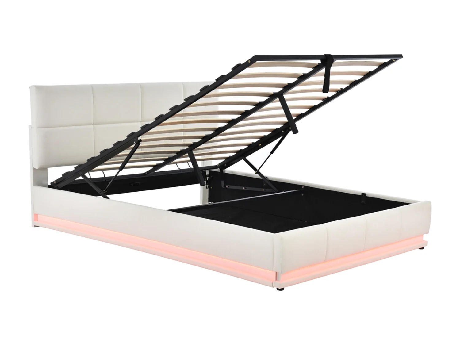 Lit coffre 160x200 cm - Lit doub LED capitonné relevable hydraulique avec sommier à lattes, tête de lit, simili cuir PU - Beige