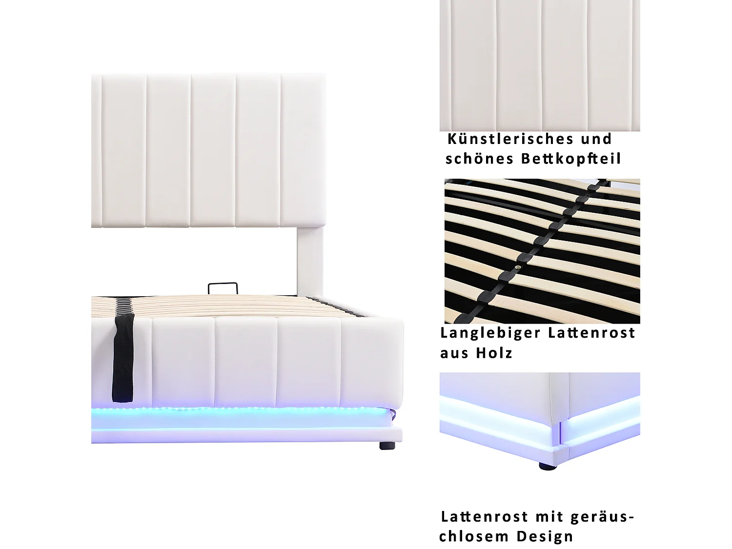 Lit coffre 140x200cm - lit capitonné LED avec sommier à lattes et tête de lit réglable en hauteur - similicuir blanc