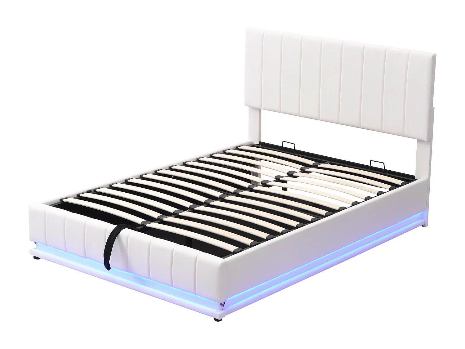 Lit coffre 140x200cm - lit capitonné LED avec sommier à lattes et tête de lit réglable en hauteur - similicuir blanc