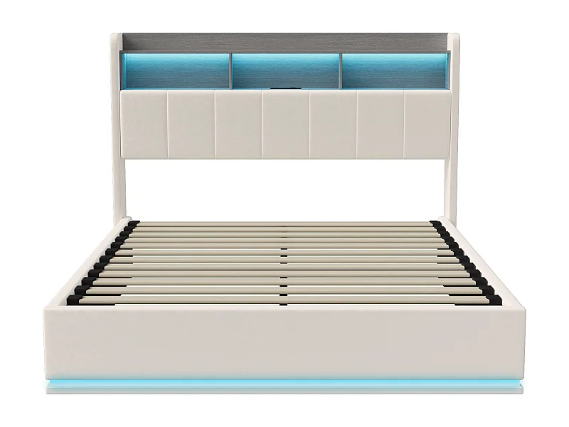 Letto matrimoniale contenitore 140 x 200 cm, testiera con contenitore e striscia luminosa a LED, ricarica USB, velluto bianco, rete a doghe, struttura in metallo