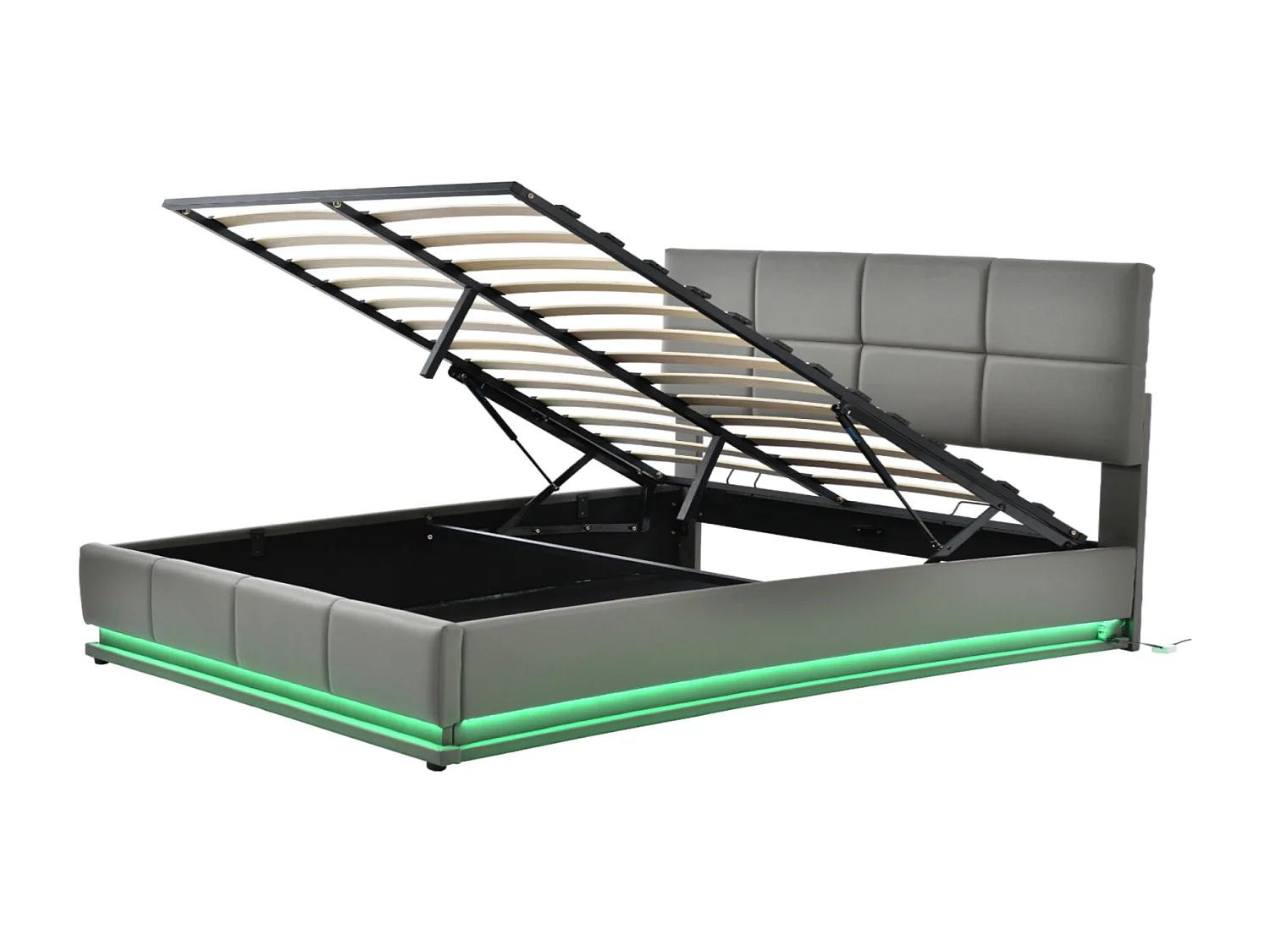 Opbergbed 160x200 cm - Hydraulisch opklapbaar gestoffeerd LED tweepersoonsbed met lattenbodem, hoofdbord, PU-kunstleer - Grijs