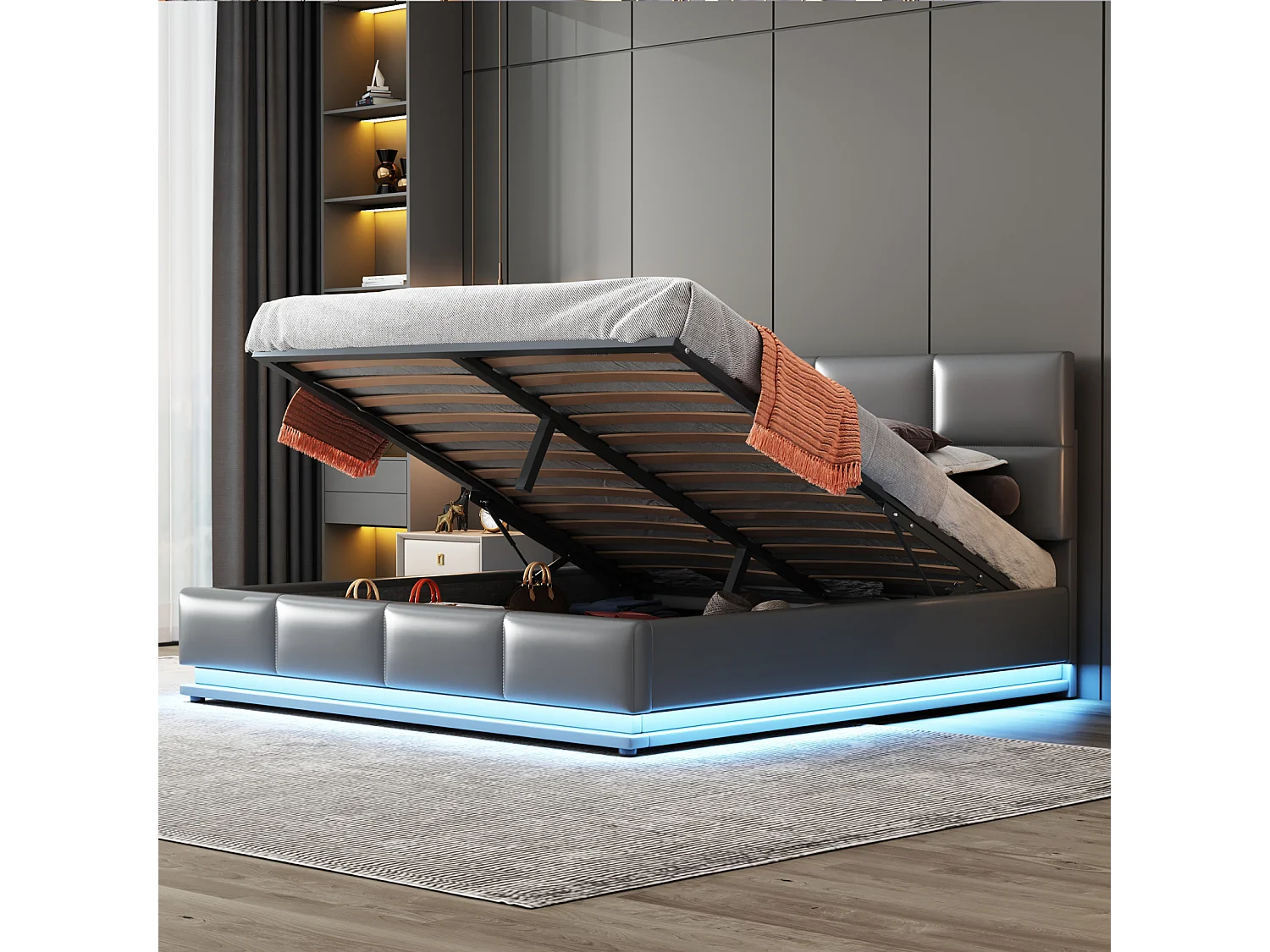 Lit coffre 160x200 cm - Lit doub LED capitonné relevable hydraulique avec sommier à lattes, tête de lit, simili cuir PU - Gris