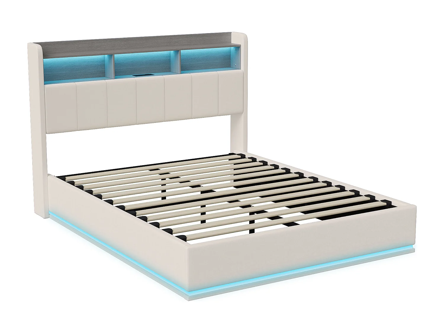 Lit coffre double 160 x 200 cm, tête de lit avec rangements et bande lumineuse LED, chargement USB, velours blanc, sommier à lattes, structure en métal