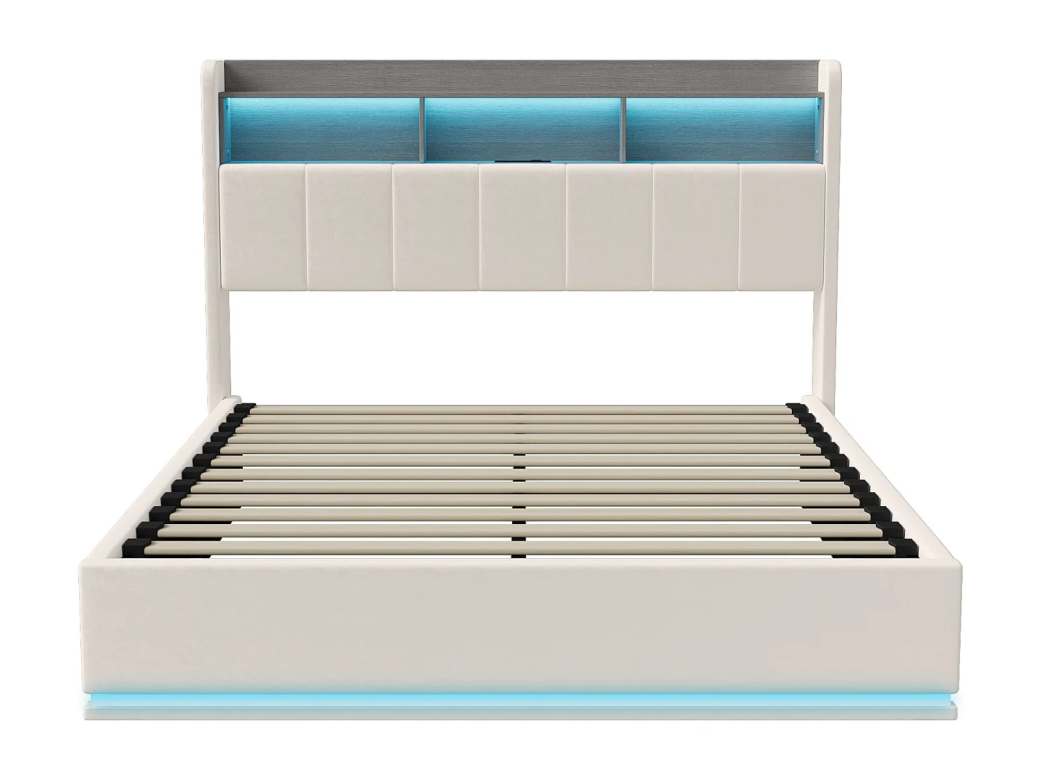 Lit coffre double 160 x 200 cm, tête de lit avec rangements et bande lumineuse LED, chargement USB, velours blanc, sommier à lattes, structure en métal
