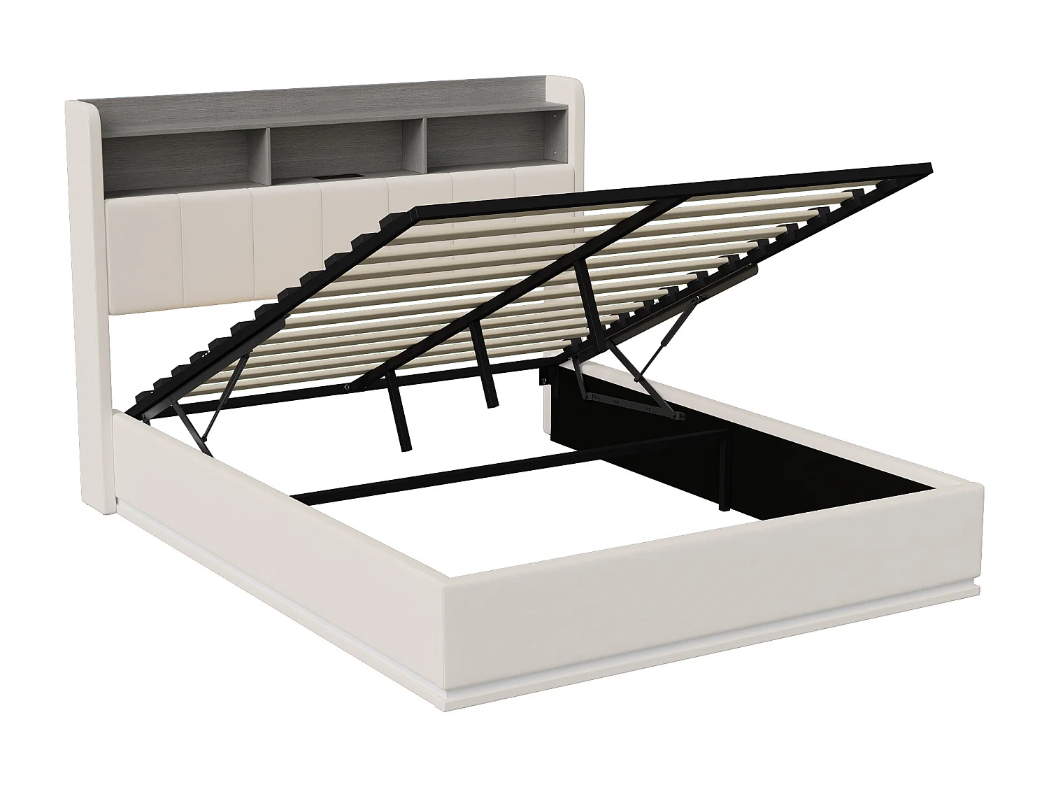 Lit coffre double 160 x 200 cm, tête de lit avec rangements et bande lumineuse LED, chargement USB, velours blanc, sommier à lattes, structure en métal